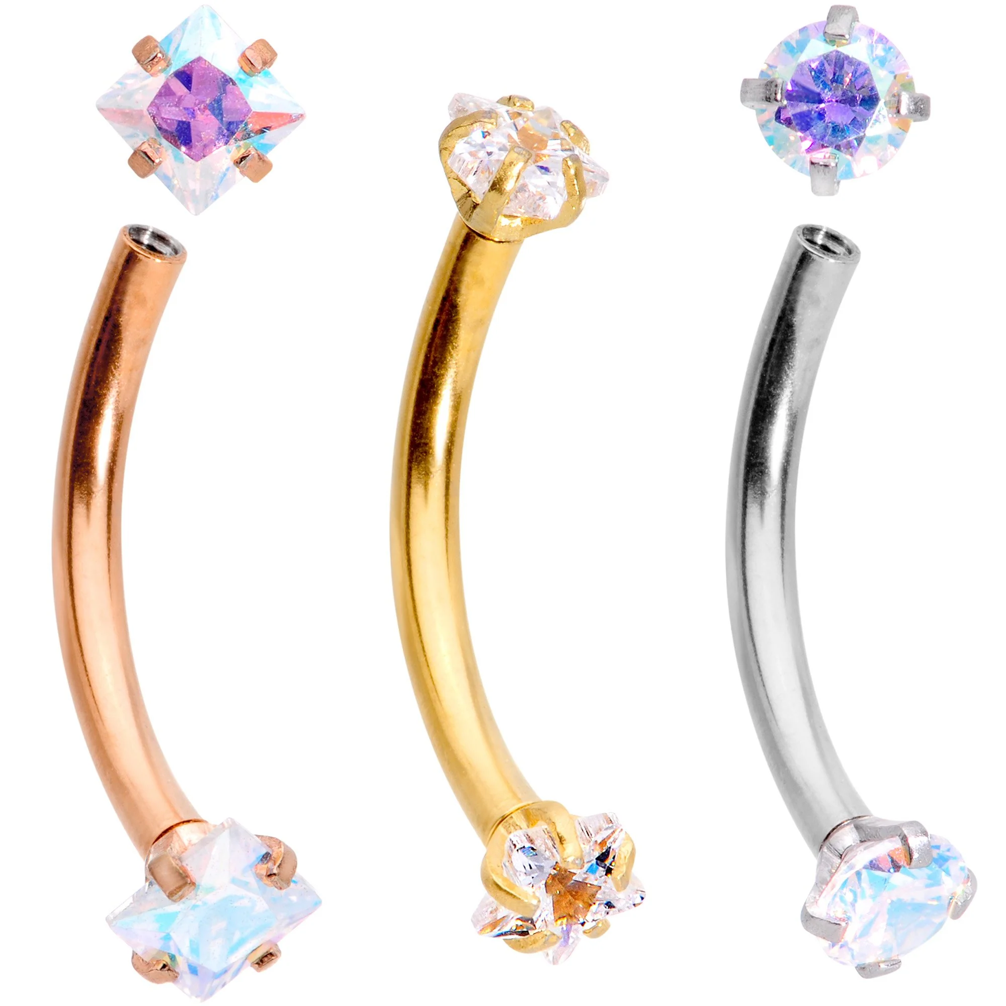 3/8 Clear Gem Anodized Curved Eyebrow Ring Set of 3 - Image 2