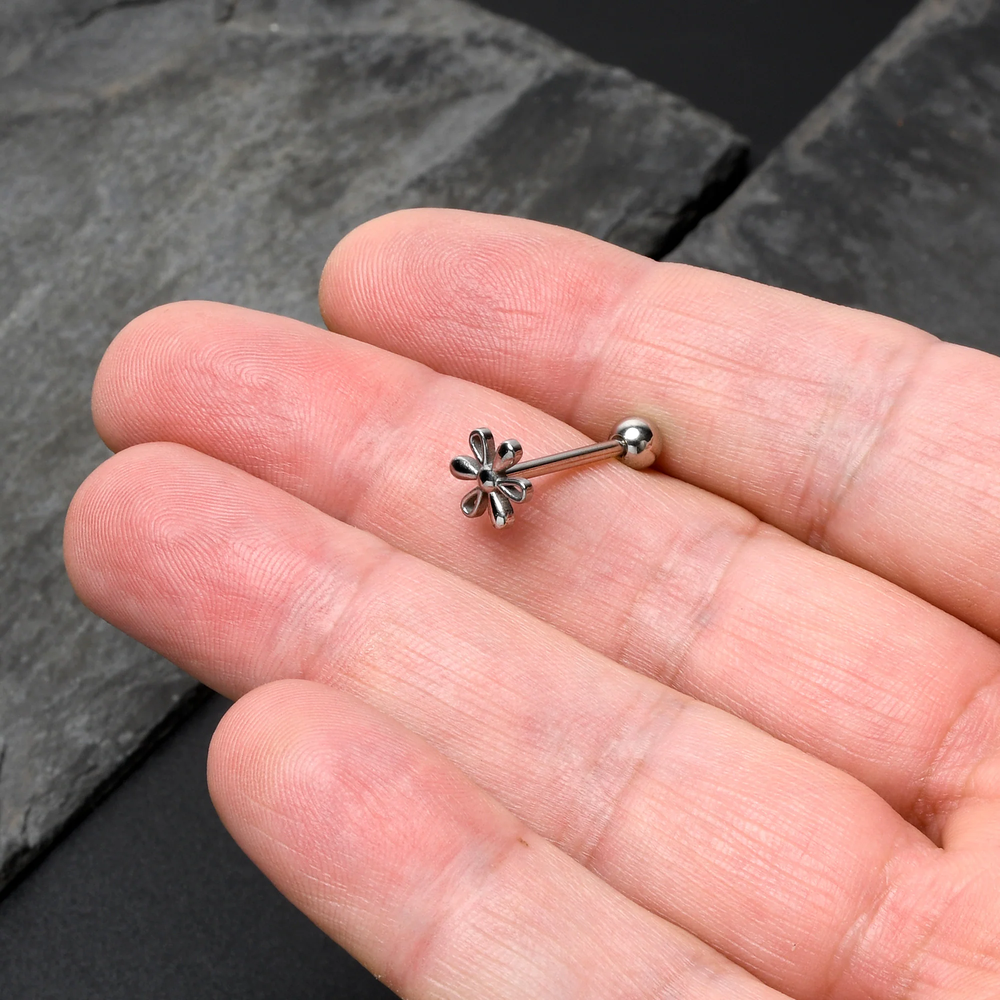 316L Surgical Steel Loopy Hippie Flower End Barbell Tongue Ring - Image 7