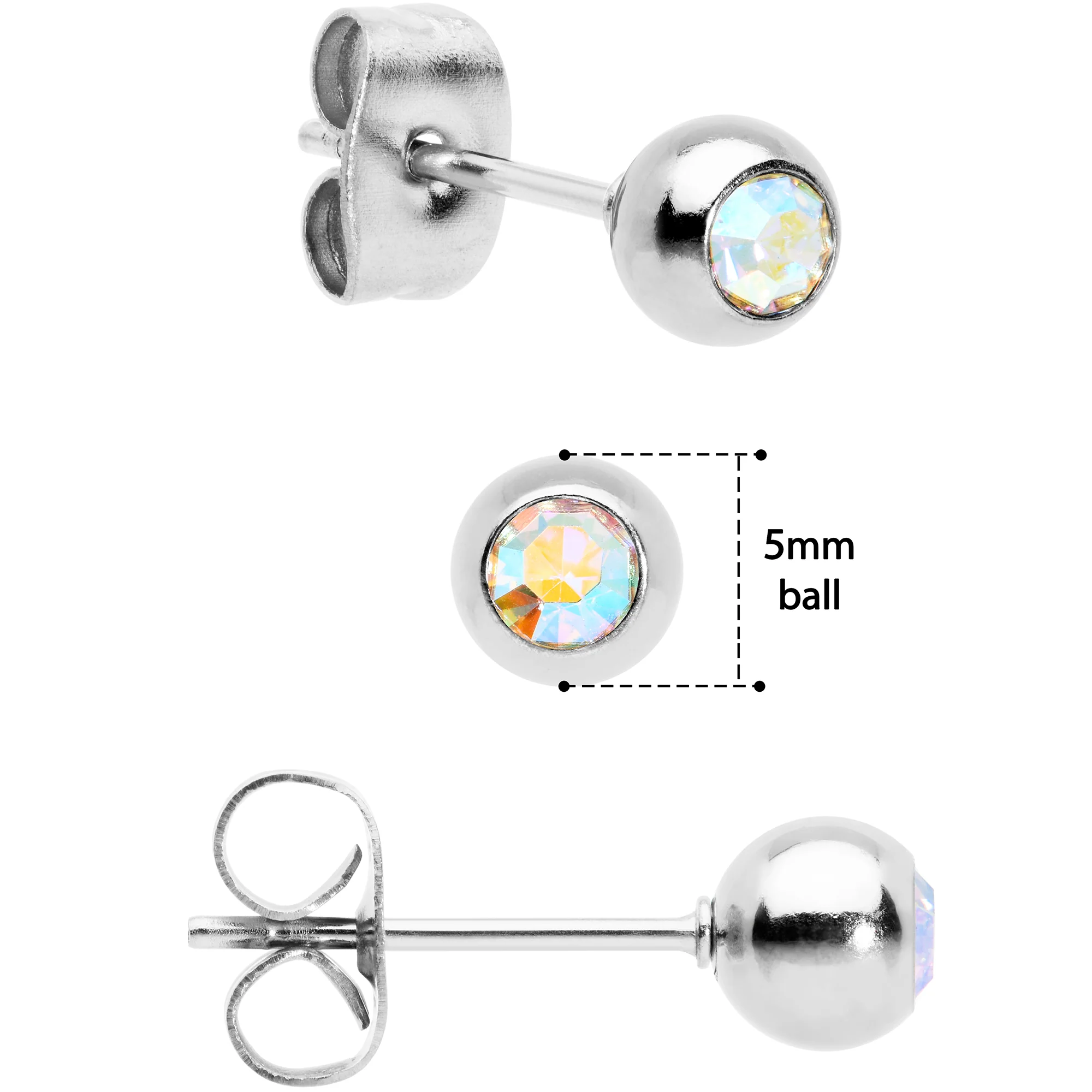 3mm 4mm 5mm Aurora Gem Ball 316L Stainless Steel Stud Earrings 3 Pack - Image 2