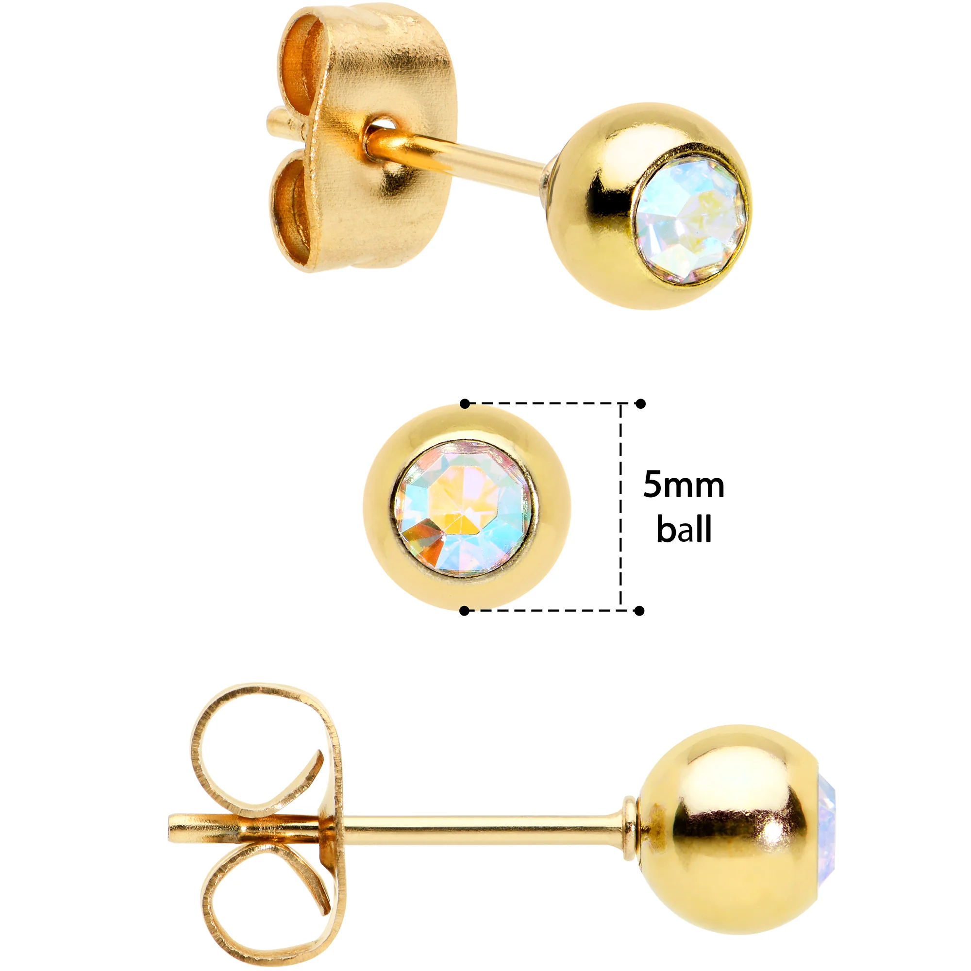 3mm 4mm 5mm Aurora Gem Gold Tone Ball 316L Steel Stud Earrings 3 Pack - Image 2