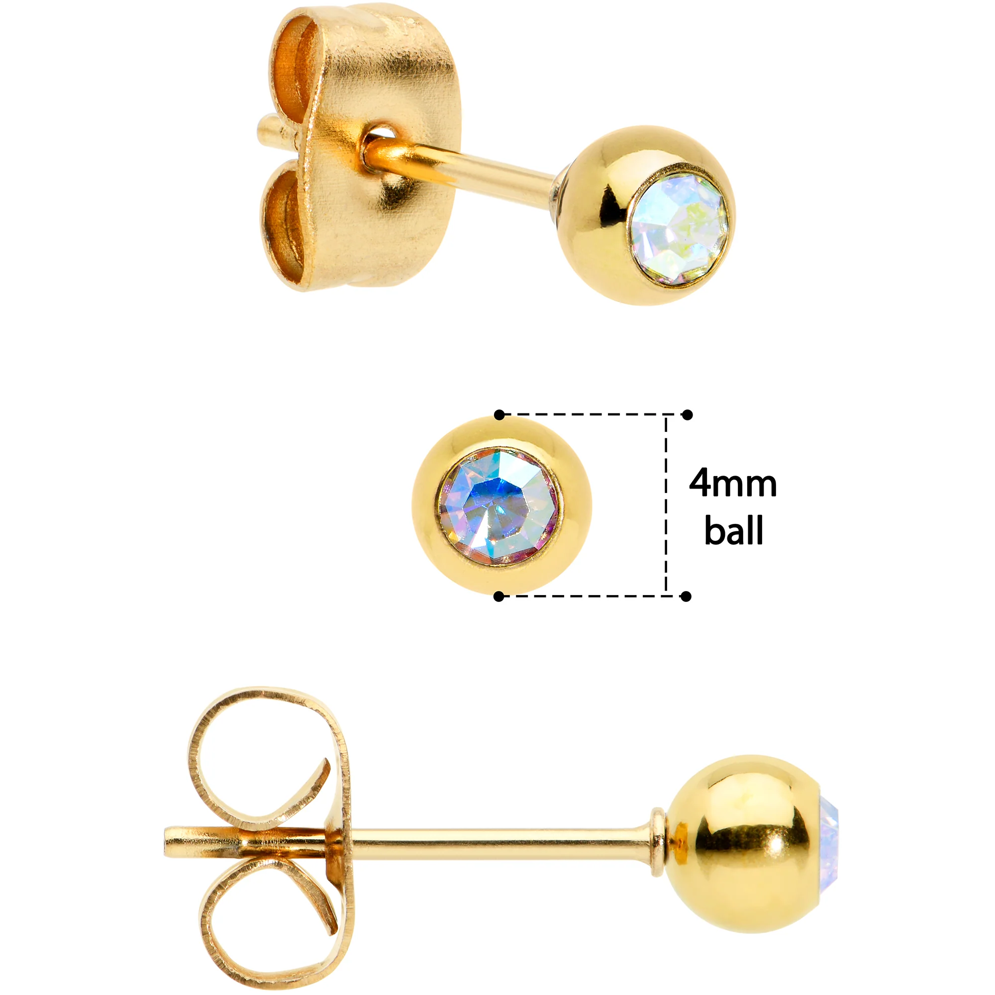 3mm 4mm 5mm Aurora Gem Gold Tone Ball 316L Steel Stud Earrings 3 Pack - Image 3