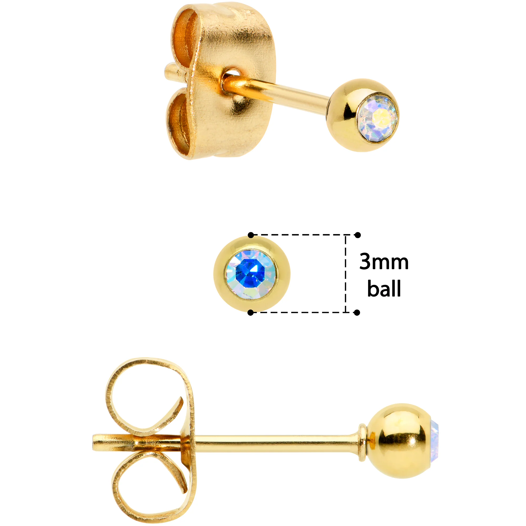 3mm 4mm 5mm Aurora Gem Gold Tone Ball 316L Steel Stud Earrings 3 Pack - Image 4