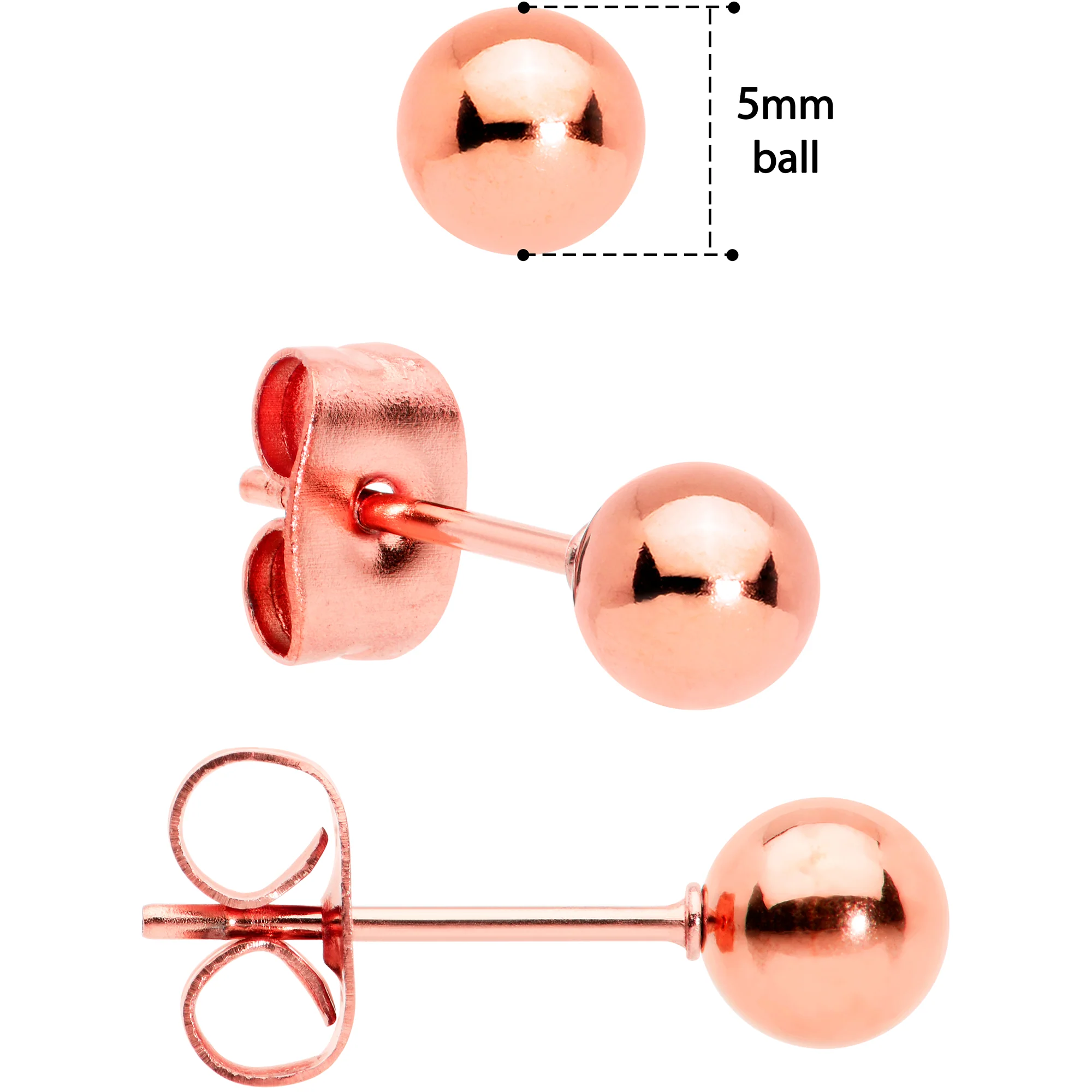 3mm 4mm 5mm Ball Rose Gold Tone Stainless Steel Stud Earrings 3 Pack - Image 2