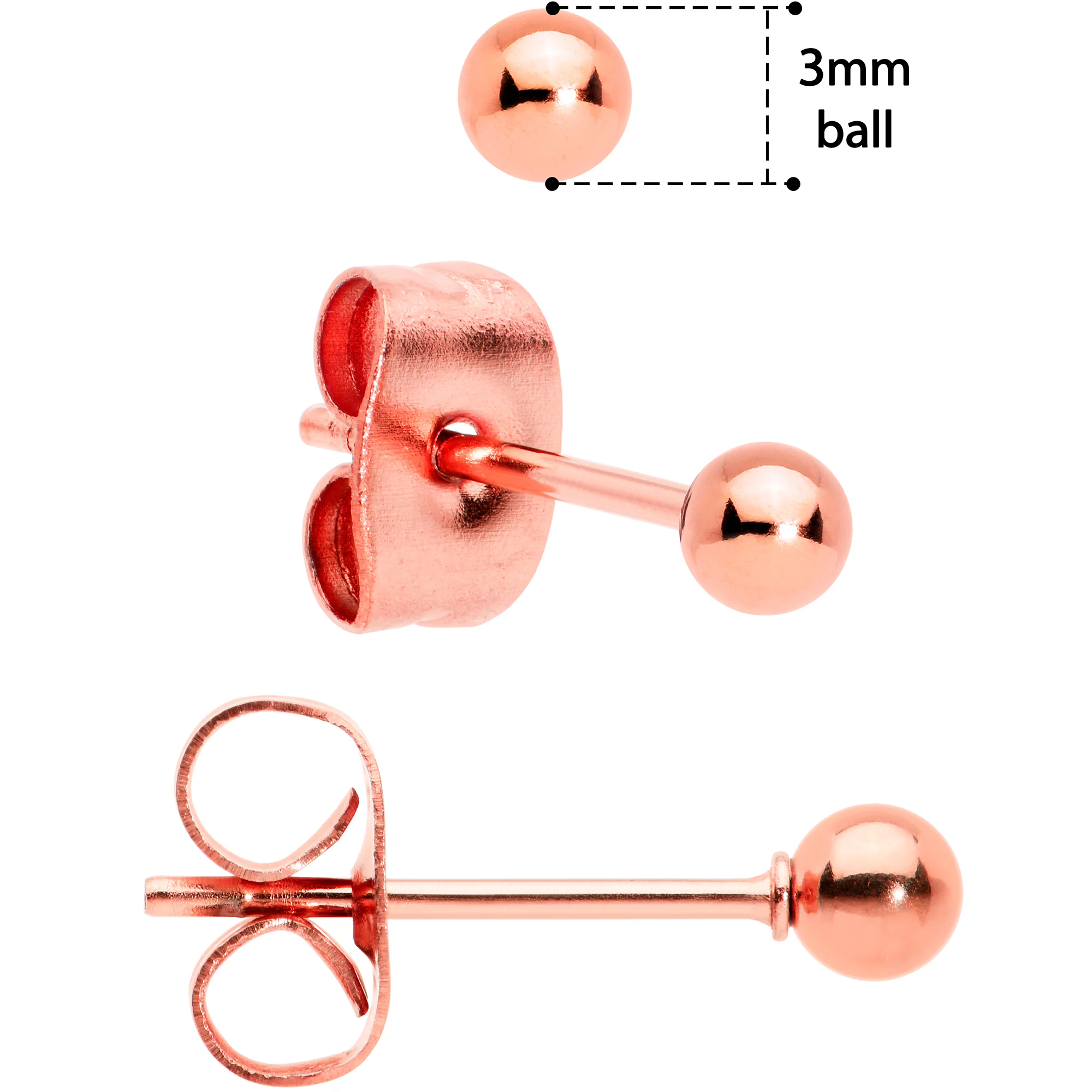 3mm 4mm 5mm Ball Rose Gold Tone Stainless Steel Stud Earrings 3 Pack - Image 4