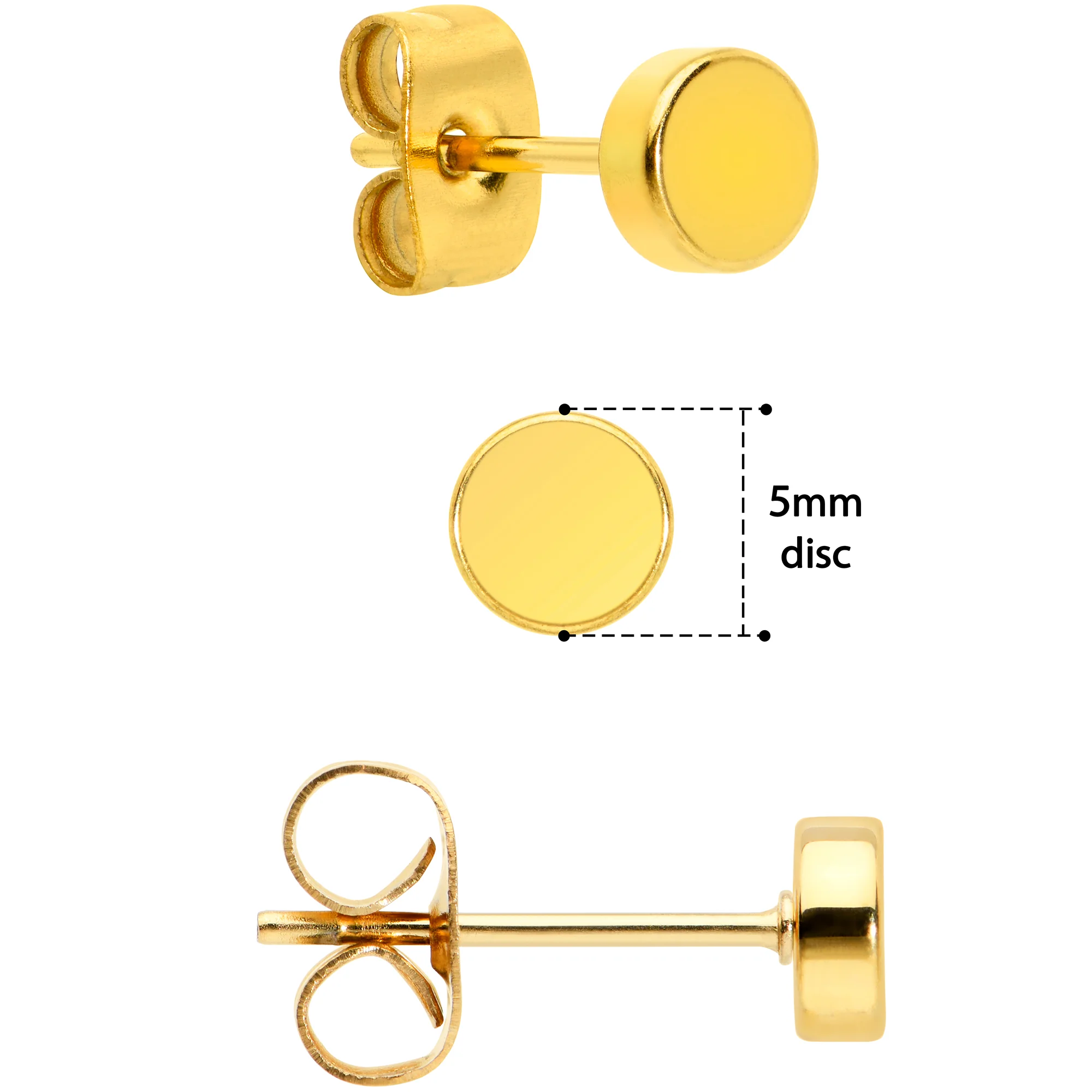 3mm 4mm 5mm Circle Gold Tone 316L Stainless Steel Stud Earrings 3 Pack - Image 2