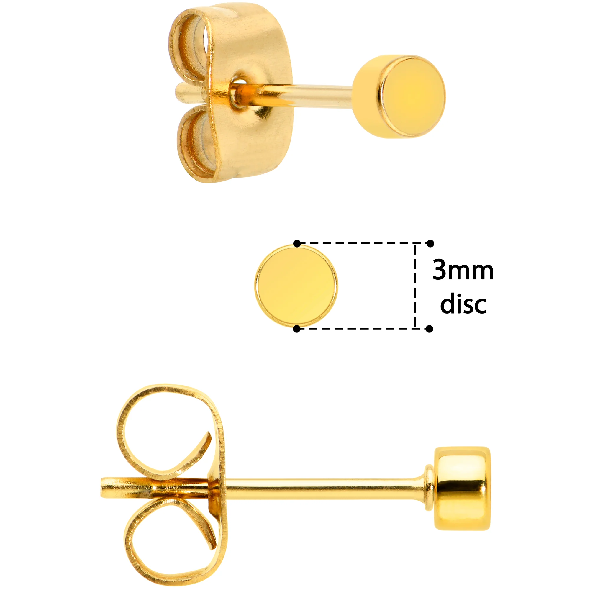 3mm 4mm 5mm Circle Gold Tone 316L Stainless Steel Stud Earrings 3 Pack - Image 4