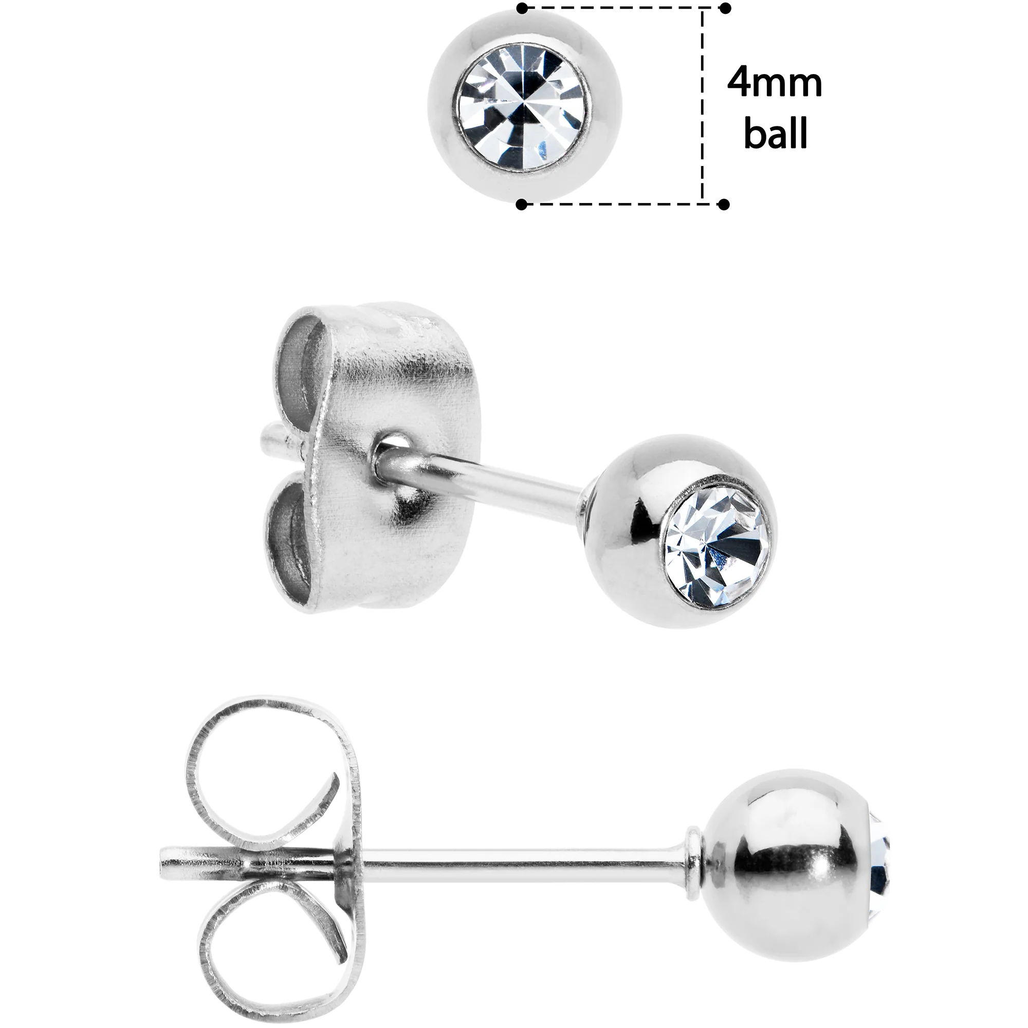 3mm 4mm 5mm Clear Gem Ball 316L Stainless Steel Stud Earrings 3 Pack - Image 3