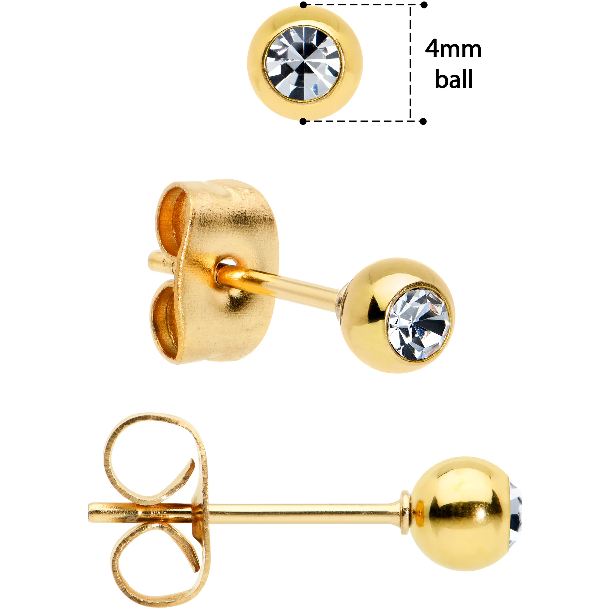 3mm 4mm 5mm Clear Gem Gold Tone Ball 316L Steel Stud Earrings 3 Pack - Image 3