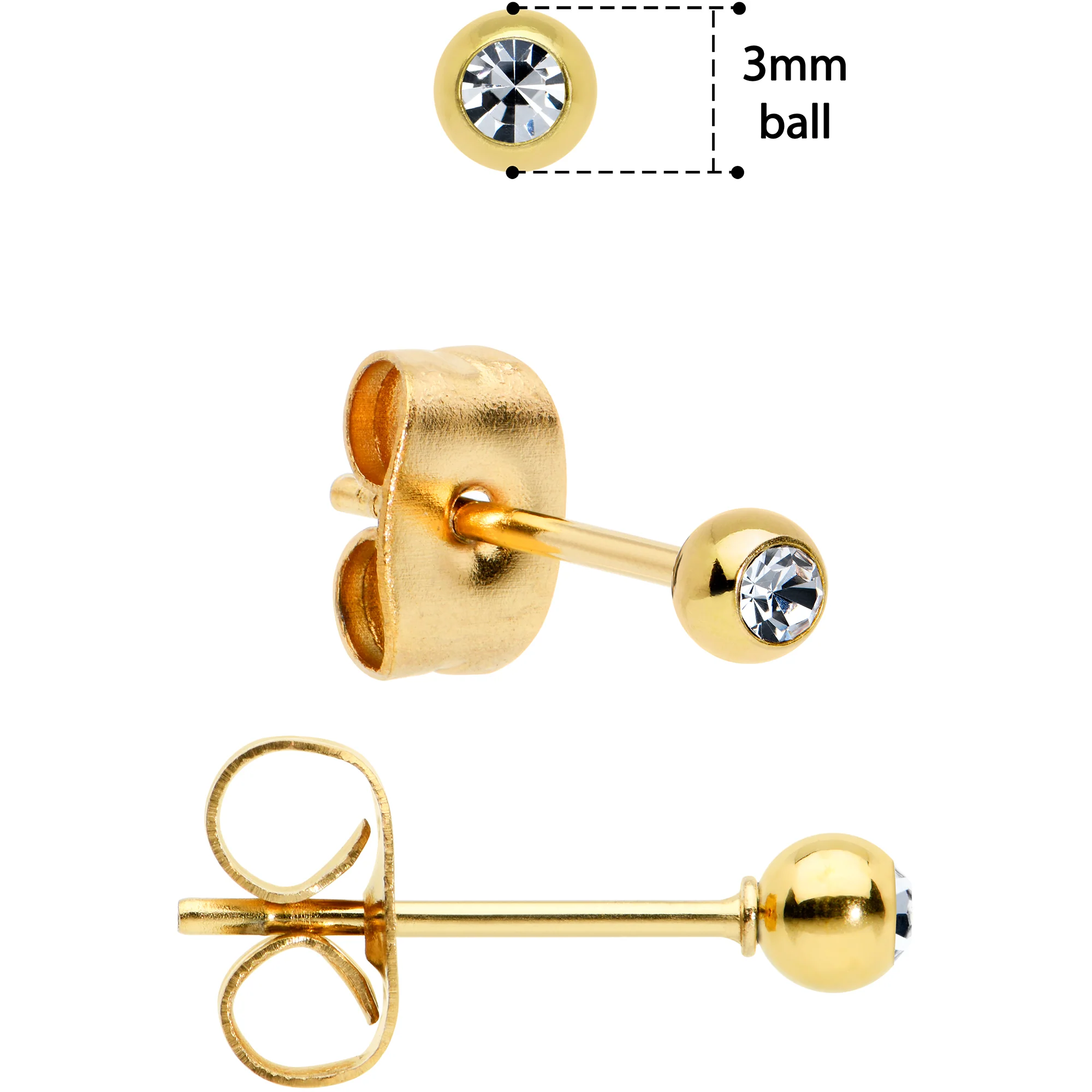 3mm 4mm 5mm Clear Gem Gold Tone Ball 316L Steel Stud Earrings 3 Pack - Image 4