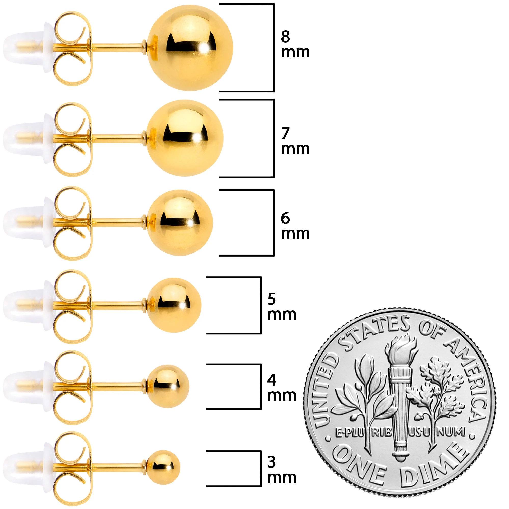 3mm-8mm Ball Stud Gold Tone 316L Stainless Steel Earrings 6 Pack - Image 8