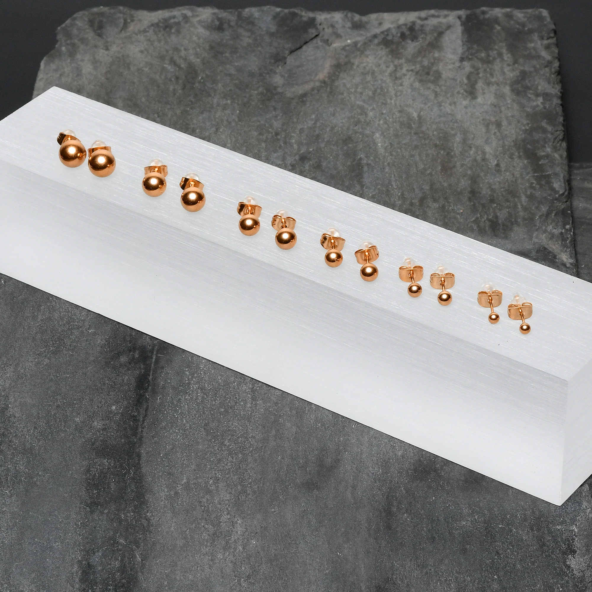 3mm-8mm Ball Stud Rose Gold Tone 316L Stainless Steel Earrings 6 Pack - Image 3