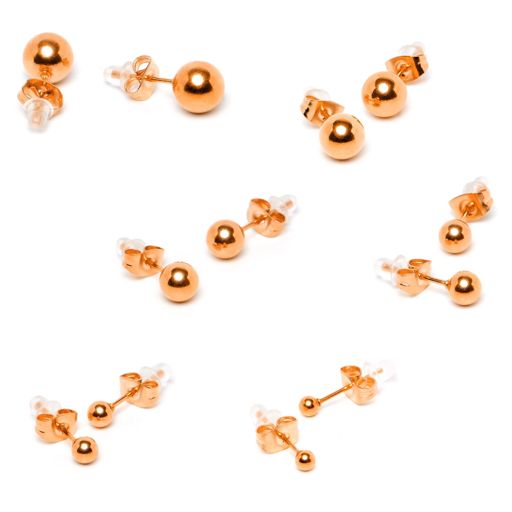 3mm-8mm Ball Stud Rose Gold Tone 316L Stainless Steel Earrings 6 Pack - Image 4