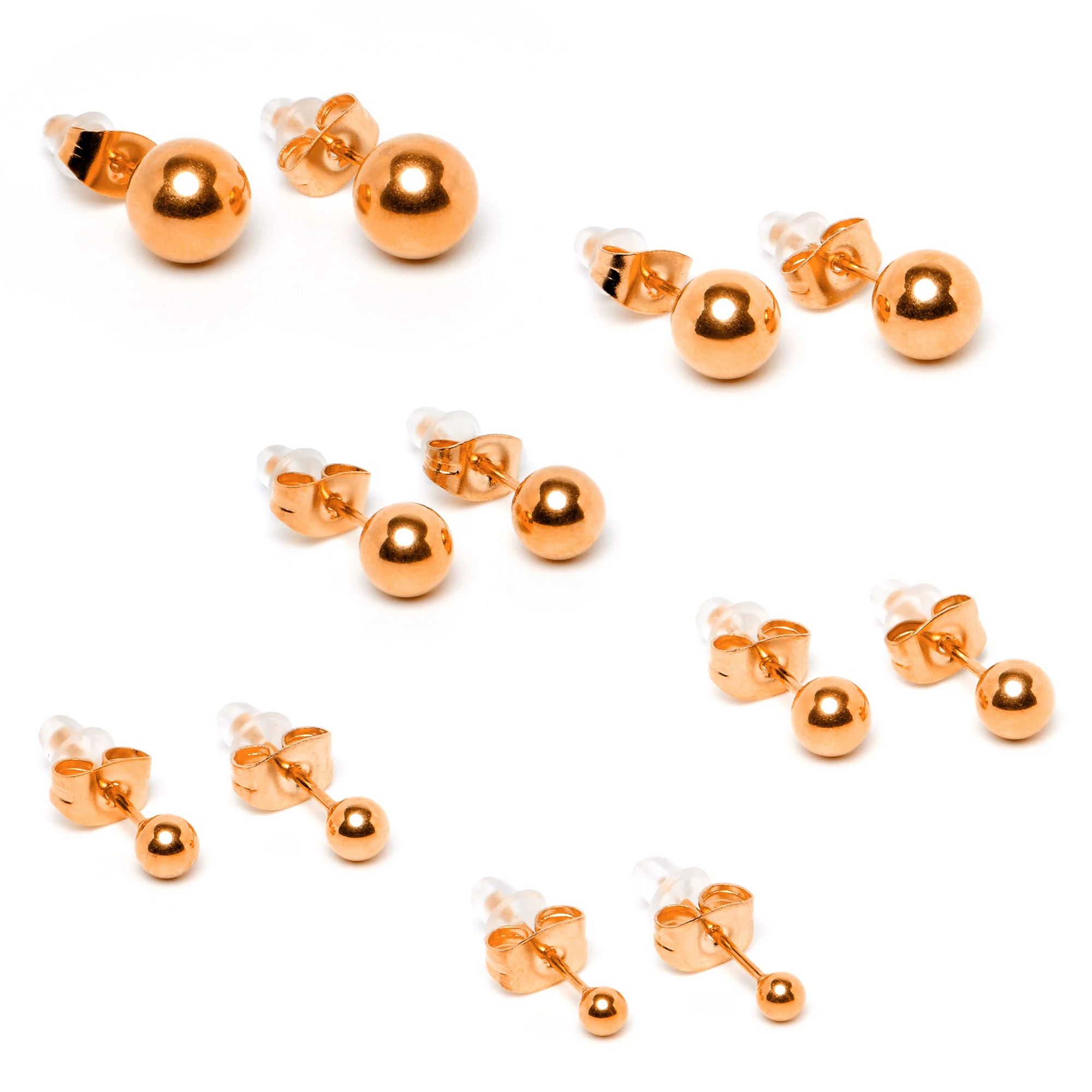 3mm-8mm Ball Stud Rose Gold Tone 316L Stainless Steel Earrings 6 Pack - Image 5