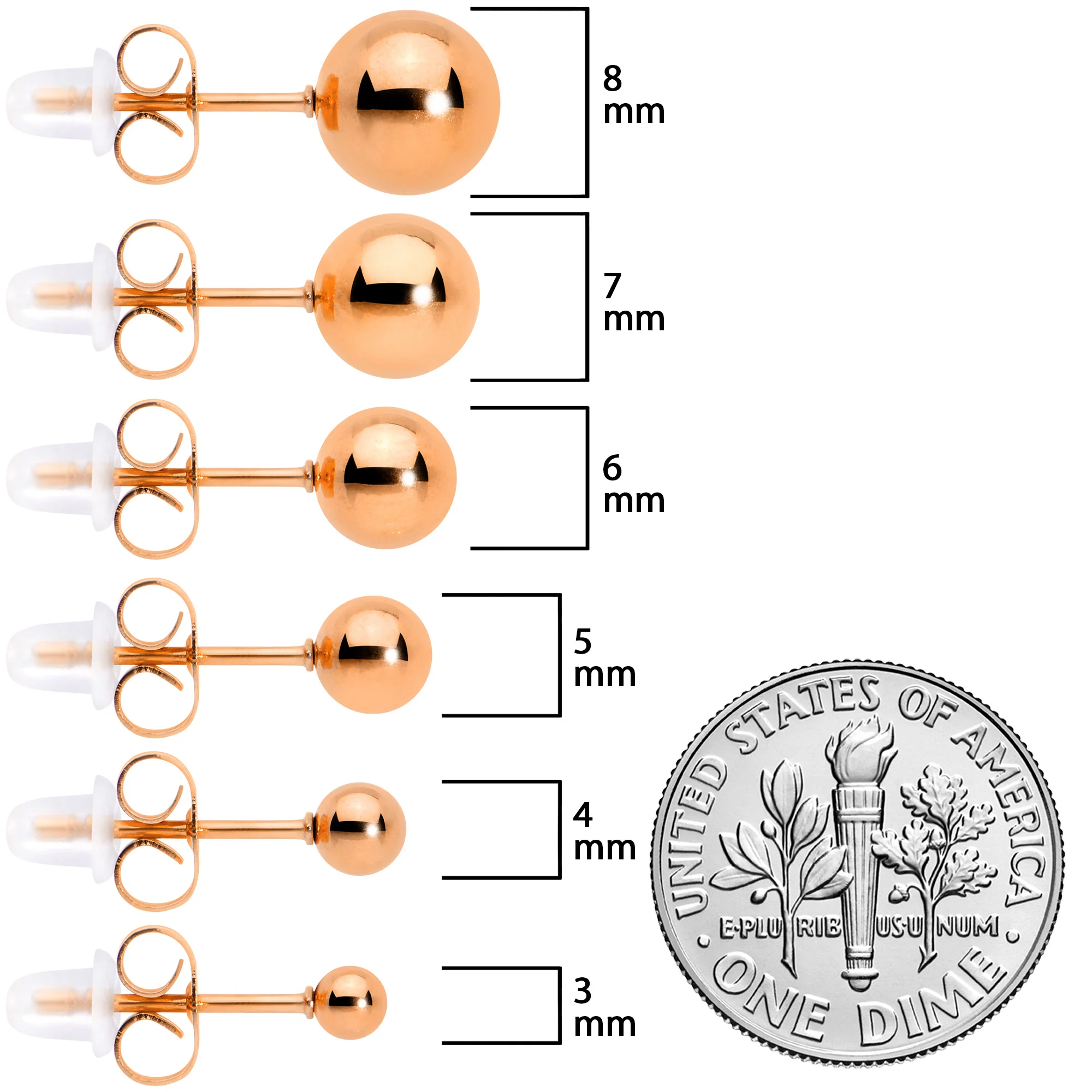3mm-8mm Ball Stud Rose Gold Tone 316L Stainless Steel Earrings 6 Pack - Image 8