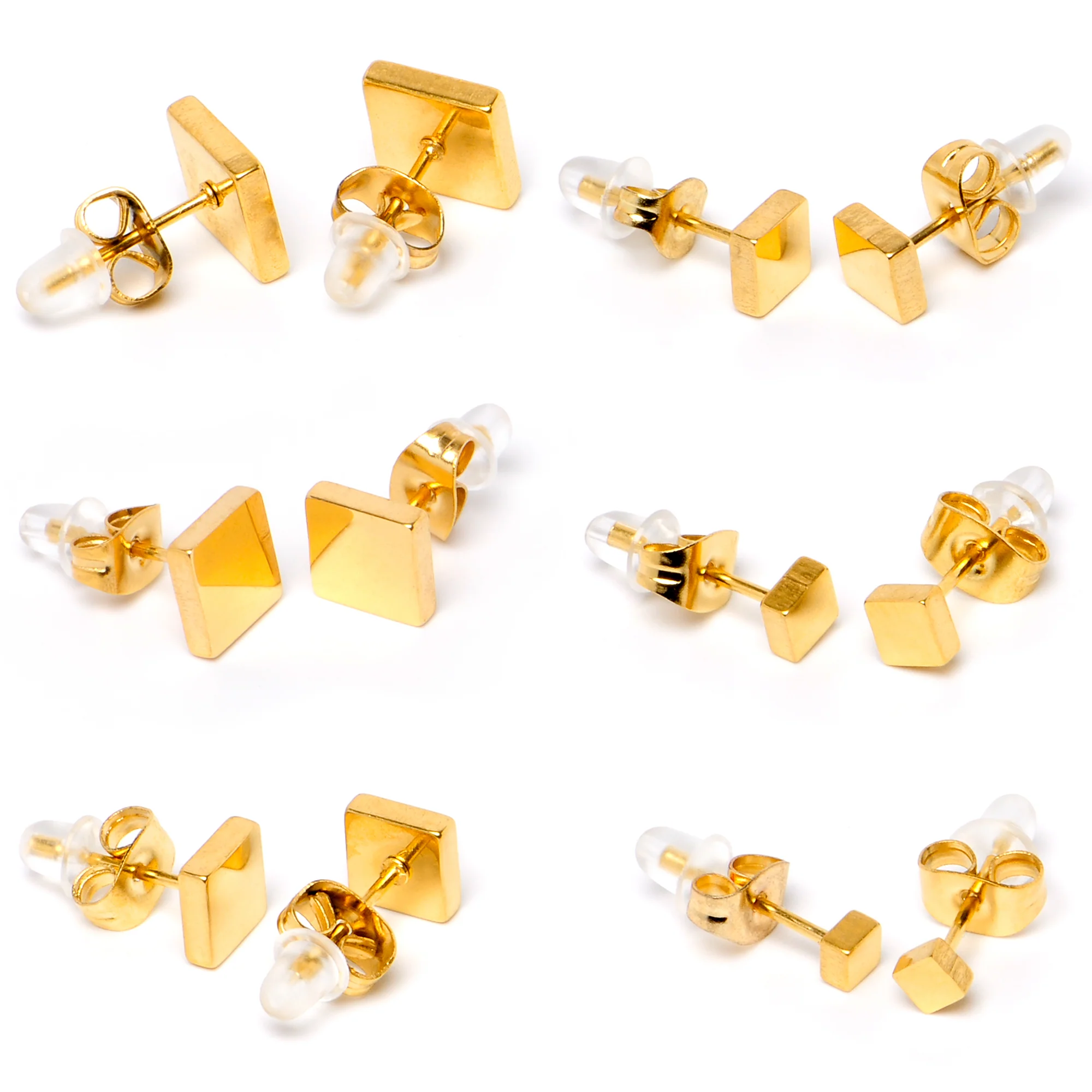 3mm-8mm Square Stud Gold Tone 316L Stainless Steel Earrings 6 Pack - Image 4
