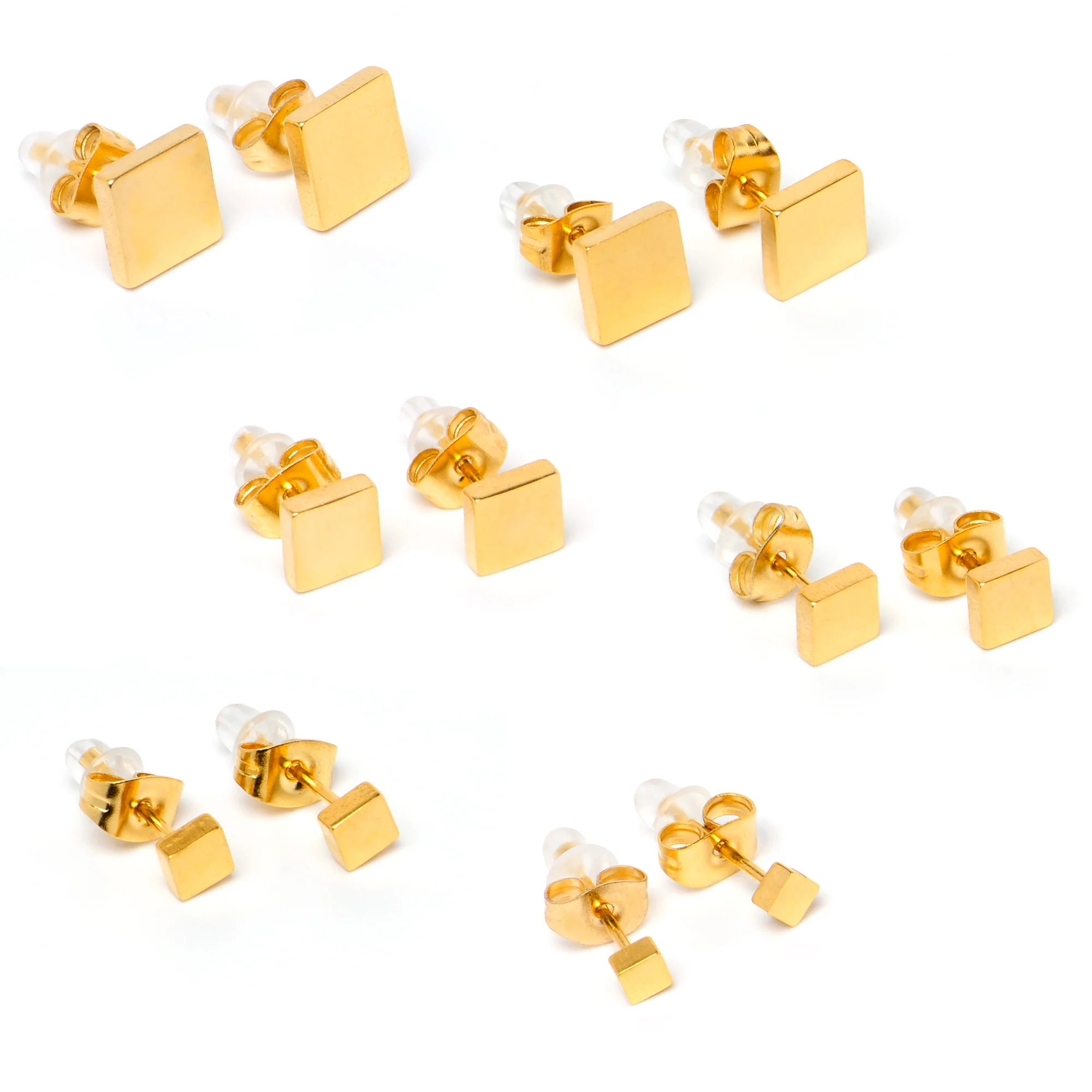 3mm-8mm Square Stud Gold Tone 316L Stainless Steel Earrings 6 Pack - Image 5