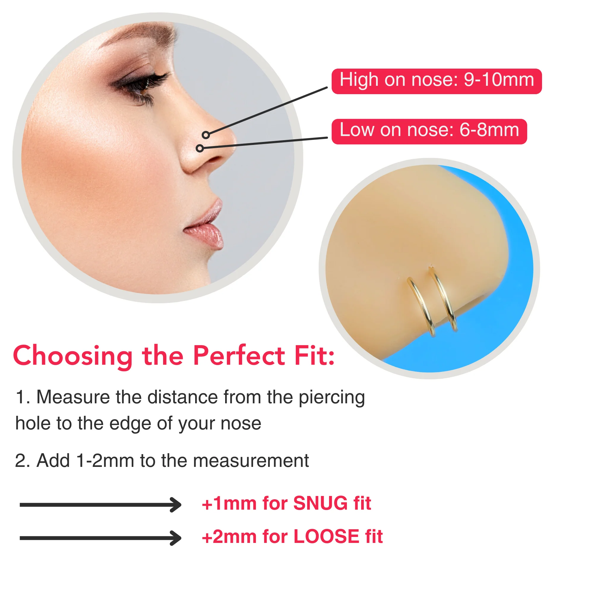 3Pack Double Hoop Nose 14k Gold Filled and 925 Silver Spiral Nose Rings 20G 8mm Right - Image 3