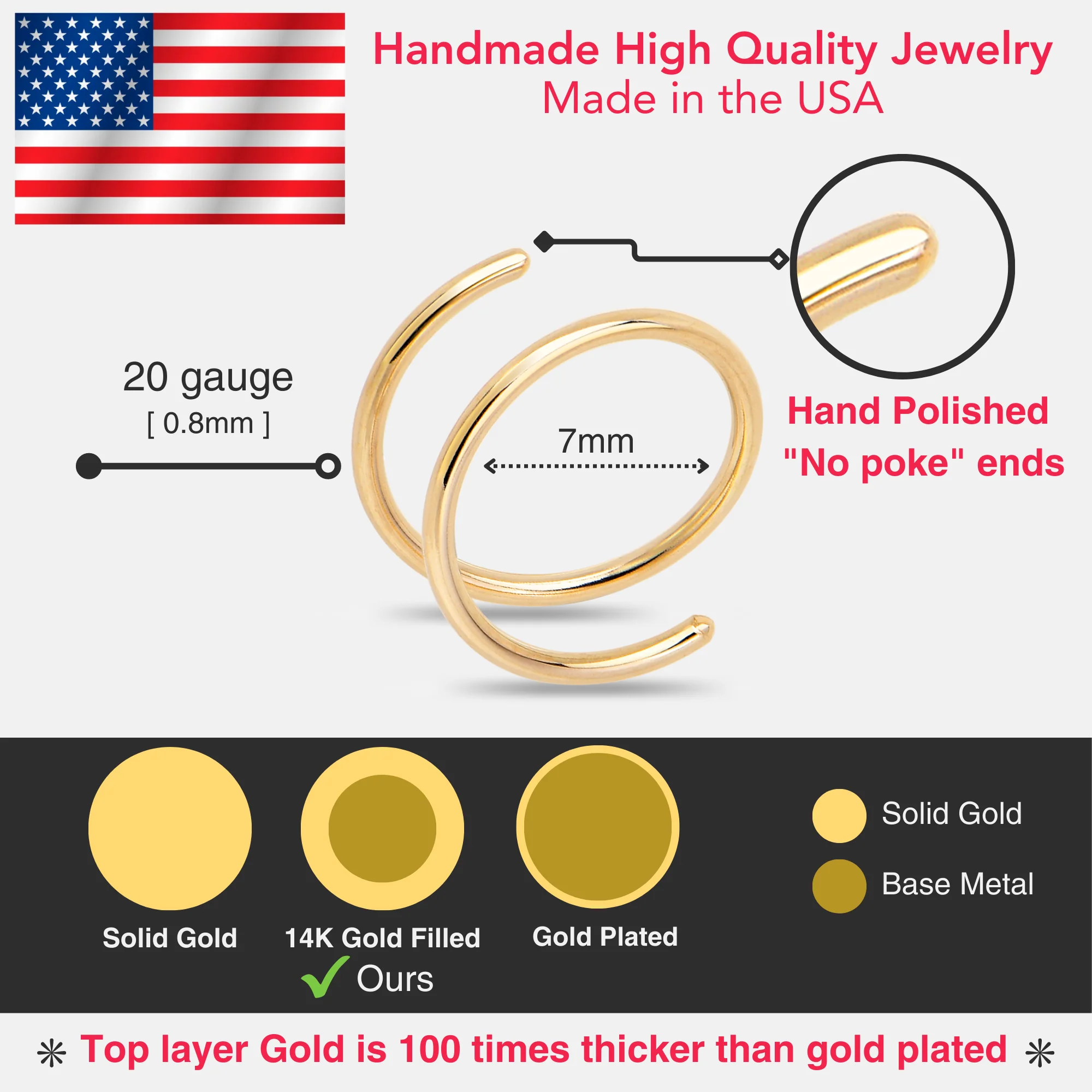 3Pack Double Hoop Nose 14k Gold Filled and 925 Silver Spiral Nose Rings 20G 8mm Right - Image 5