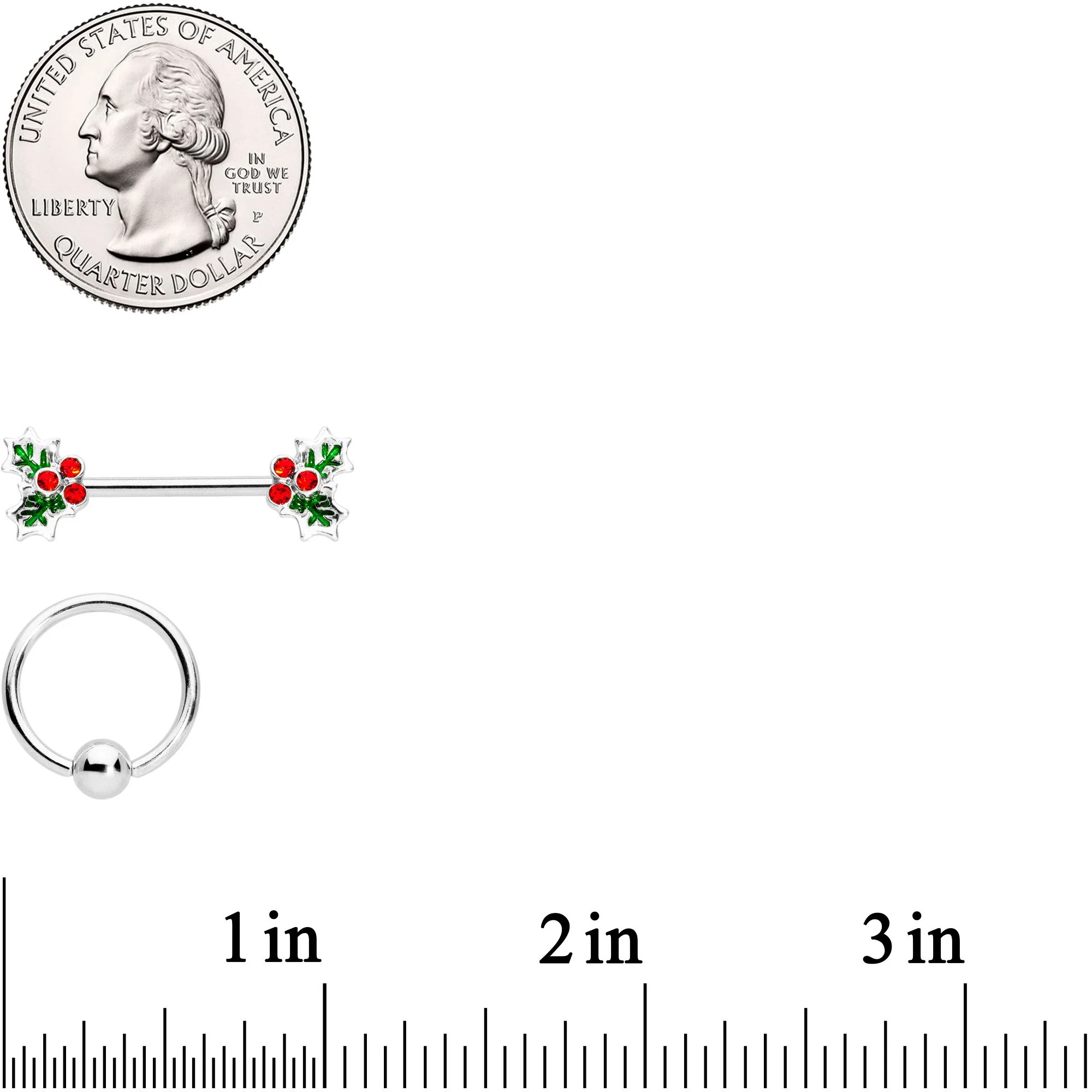 14G Red Gem Color Inlay Holly BCR Barbell Nipple Ring Set of 4 - Image 4