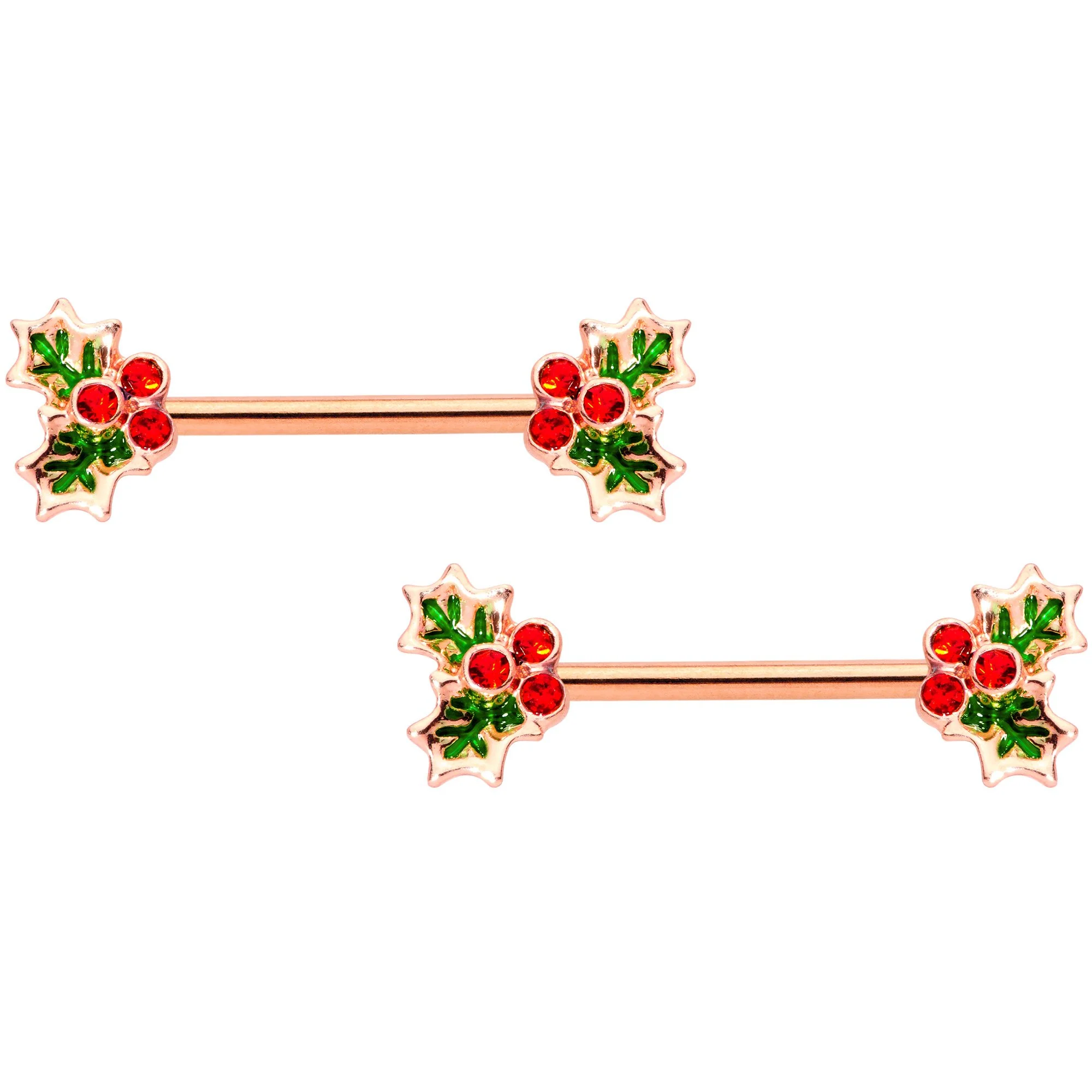 14G Red Gem Rose Gold Tone Holly Captive Barbell Nipple Ring Set - Image 2