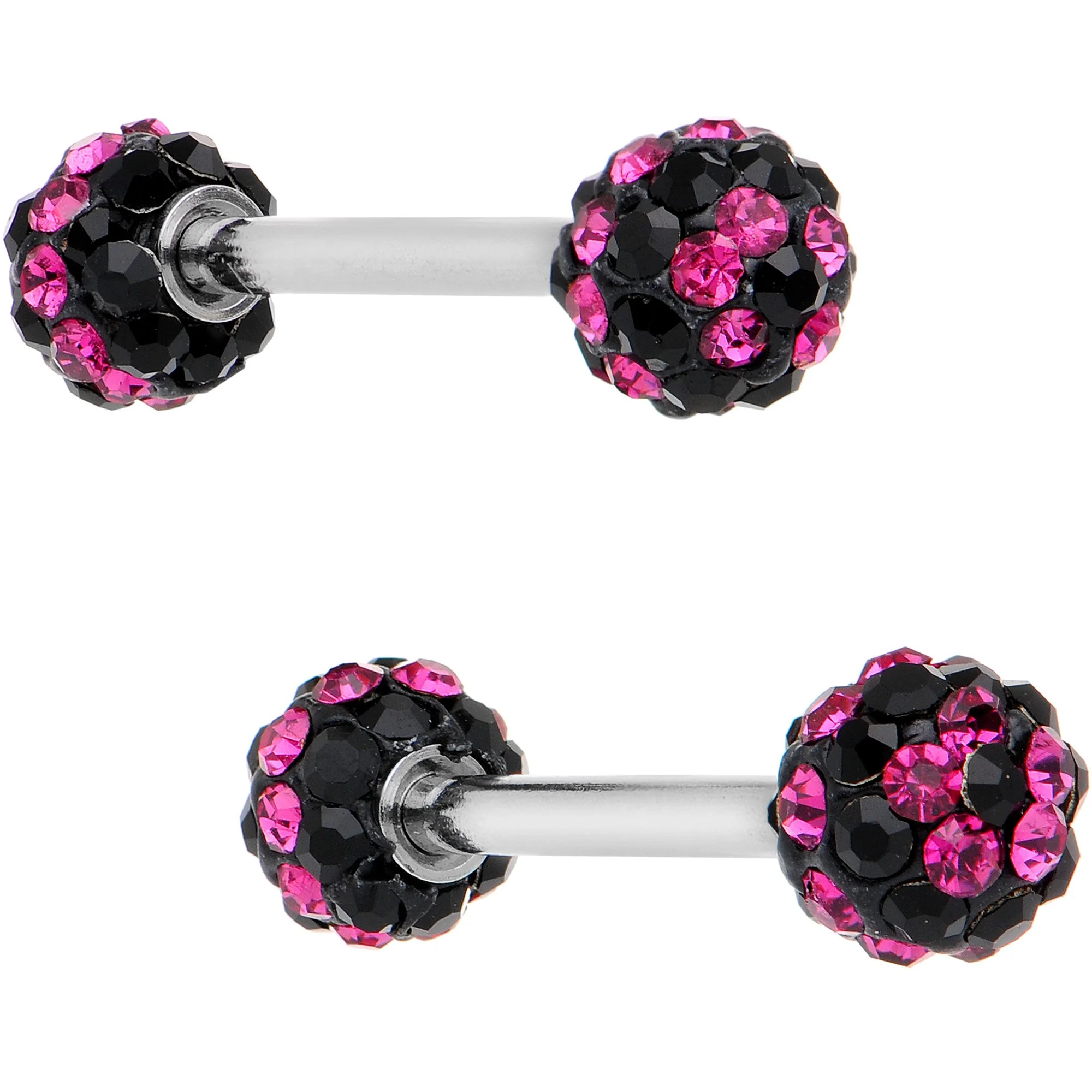 5/8 Black Pink CZ Gem Two Tone Stripe Barbell Nipple Ring Set - Image 2