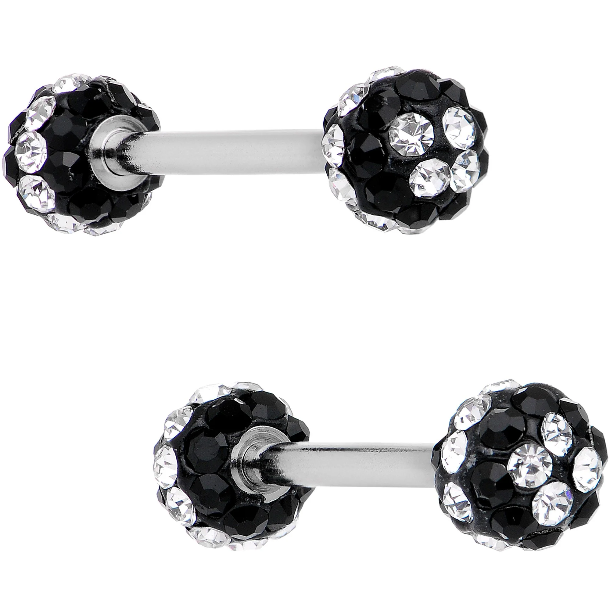 5/8 Clear Black CZ Gem Two Tone Stripe Barbell Nipple Ring Set - Image 2
