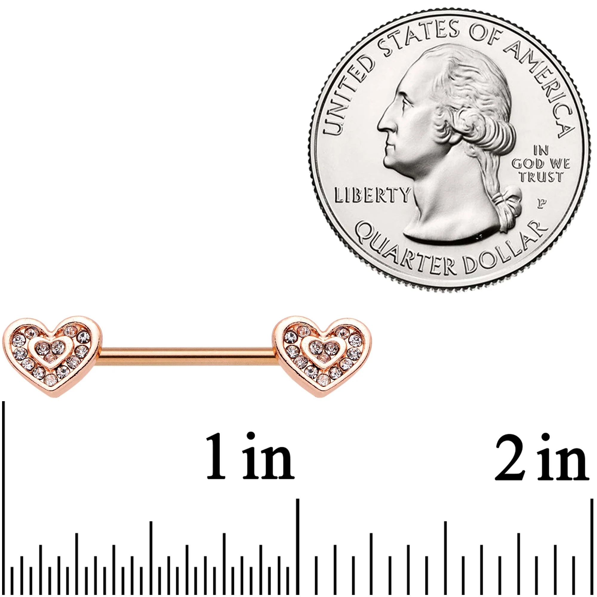 5/8 Clear Gem Rose Gold Tone Wrapped Hearts Barbell Nipple Ring Set - Image 2