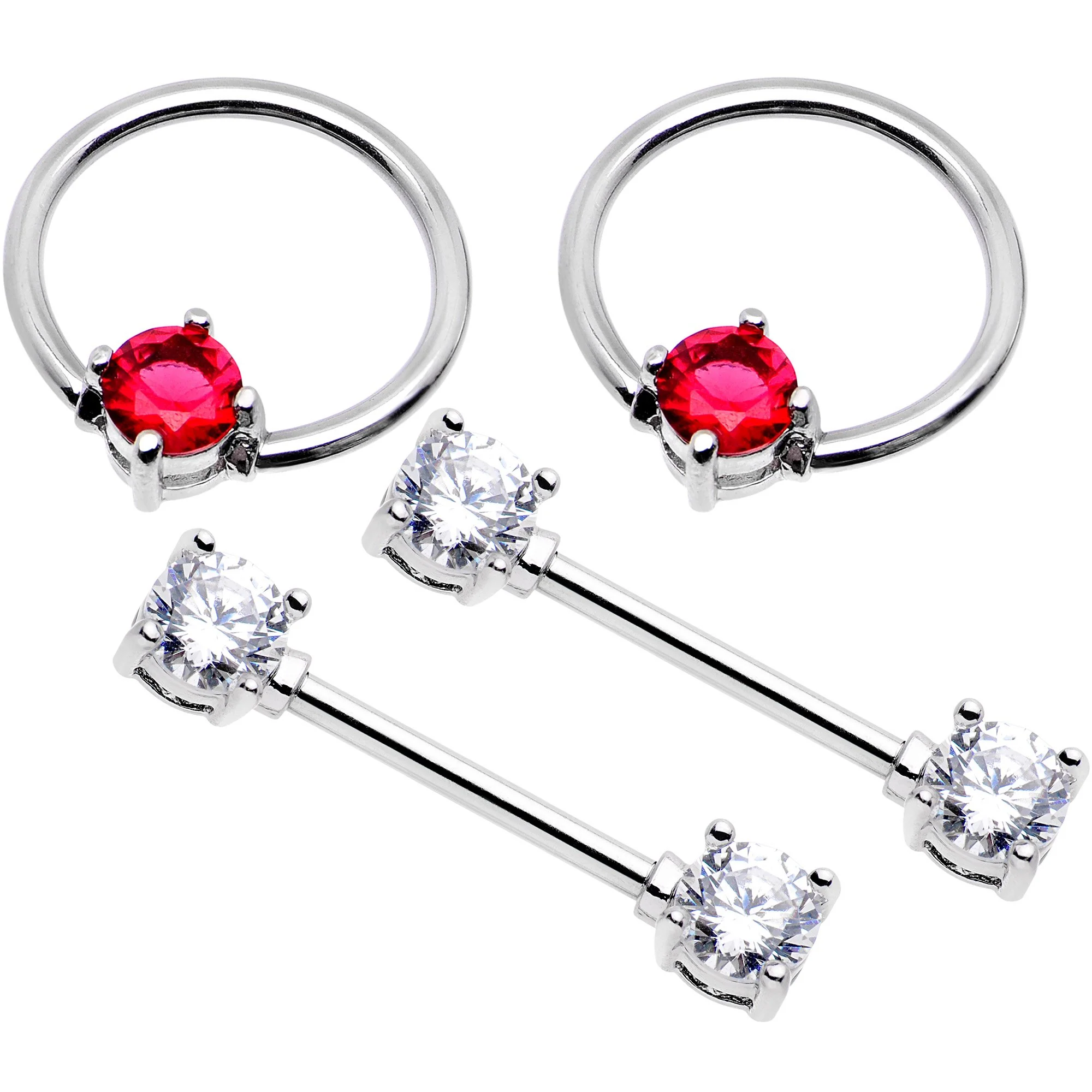 5/8 Clear Pink Gem Captive Ring Straight Barbell Nipple Ring Set - Image 2