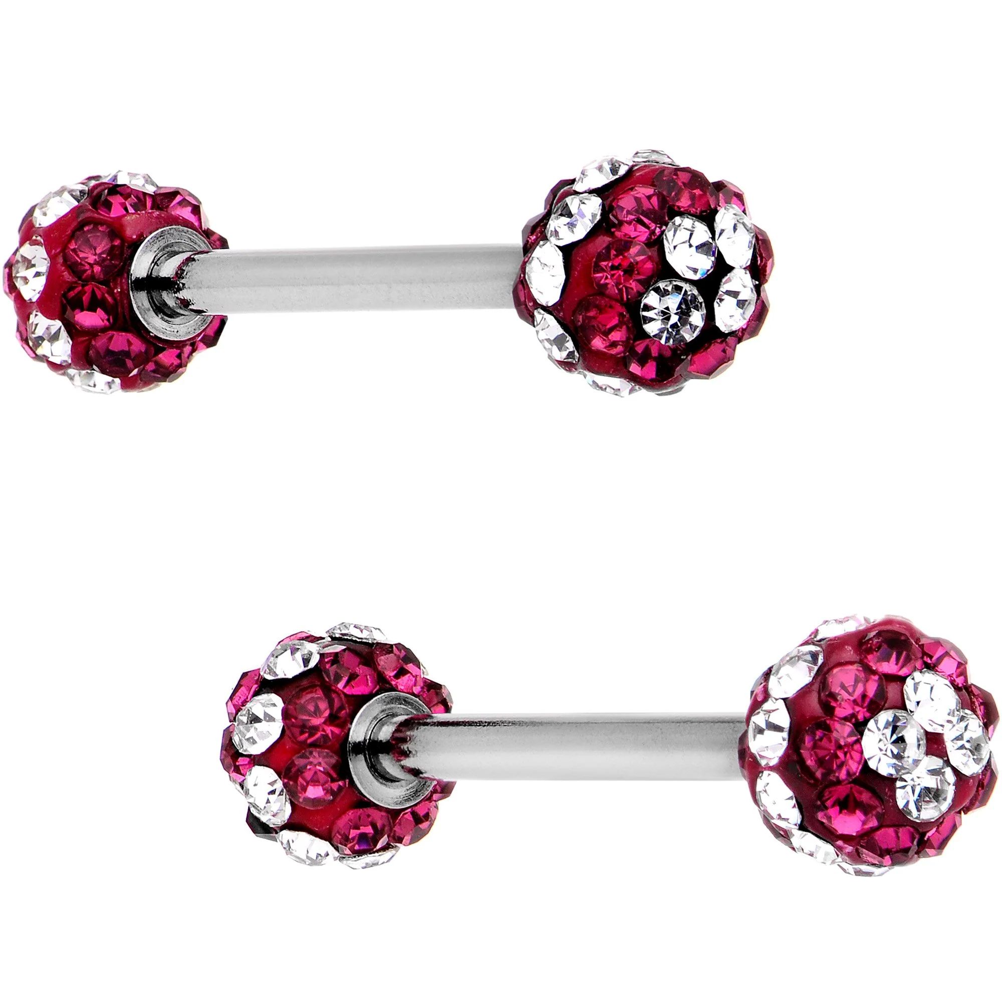 5/8 Clear Red CZ Gem Two Tone Stripe Barbell Nipple Ring Set - Image 2