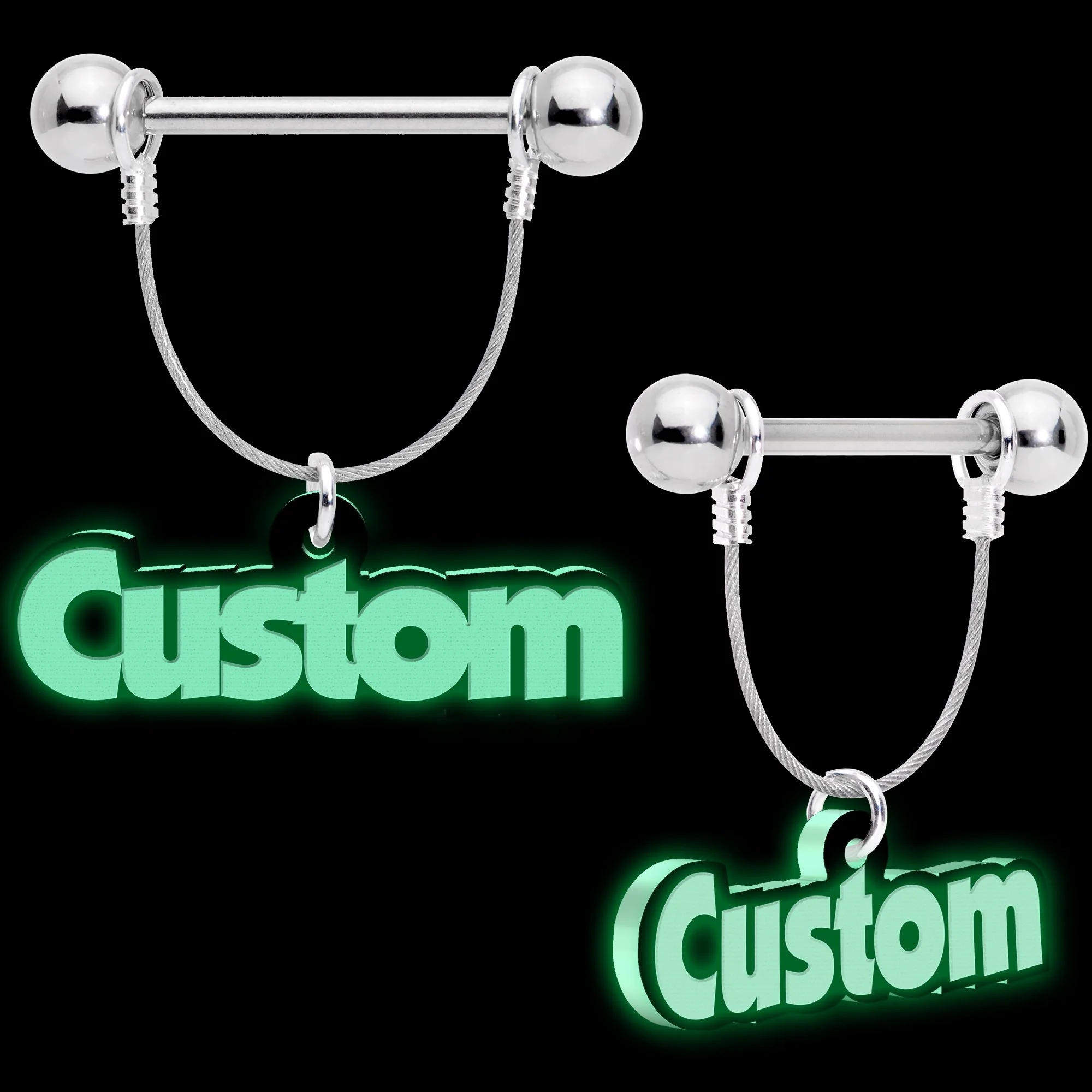 Custom Glow in the Dark Personalized Name Dangle Nipple Ring Set - Image 2
