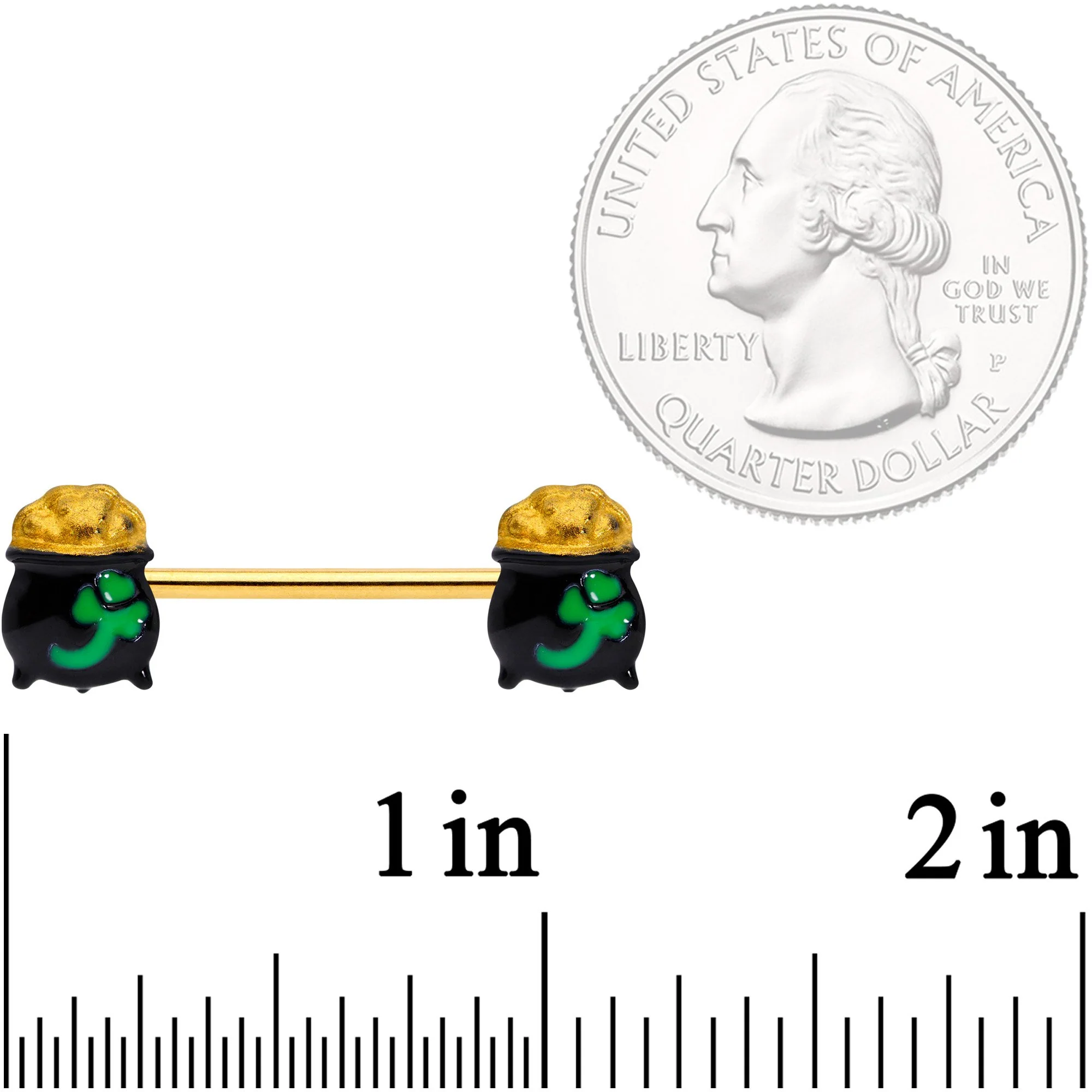 5/8 Gold Tone St Patricks Day Pot O Gold Barbell Nipple Ring Set - Image 2