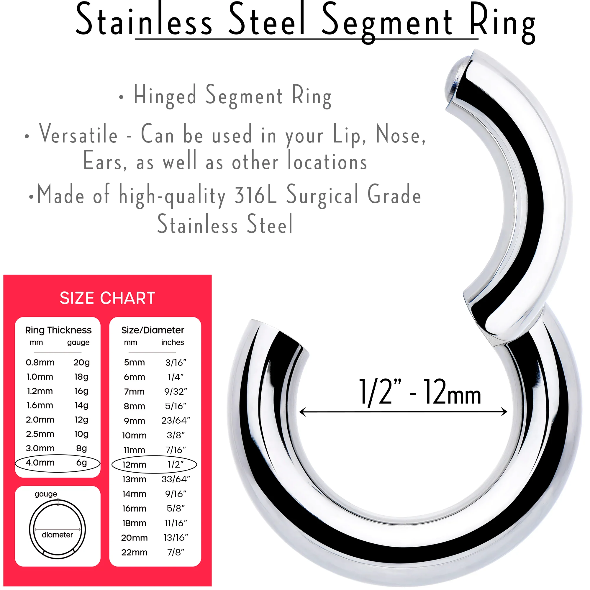 6G 1/2 316L Surgical Steel Precision Hinged Segment Hoop - Image 3