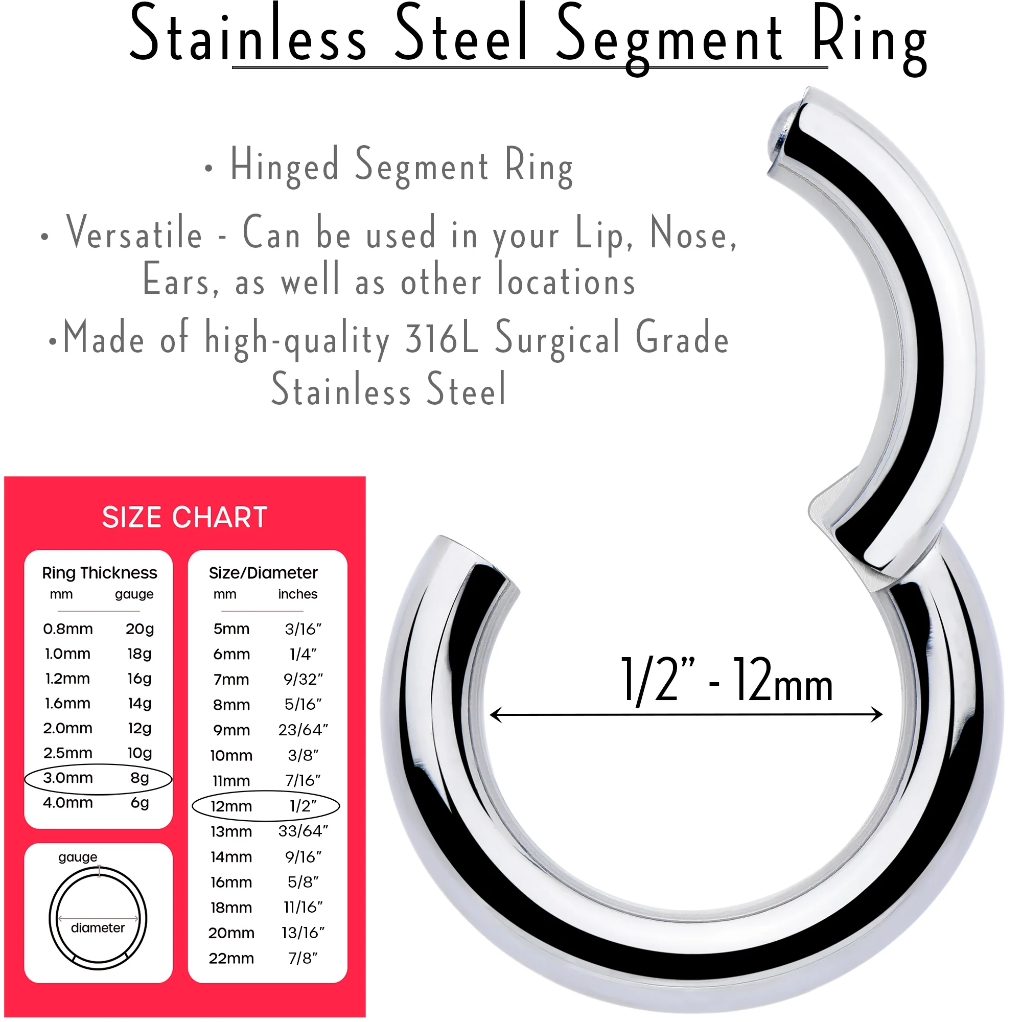 8G 1/2 316L Surgical Steel Precision Hinged Segment Hoop - Image 3