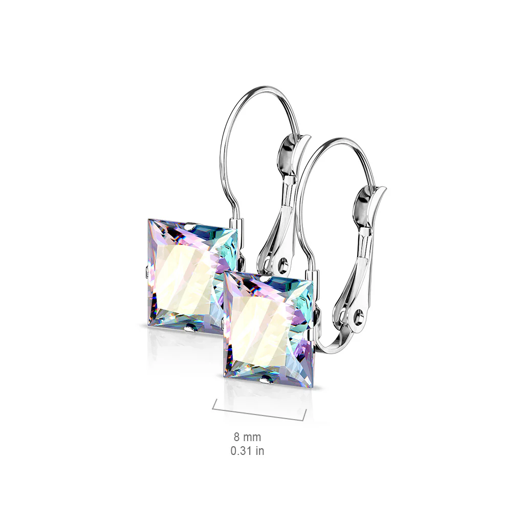 8mm Princess CZ Stainless Steel Leverback Earrings - Image 3
