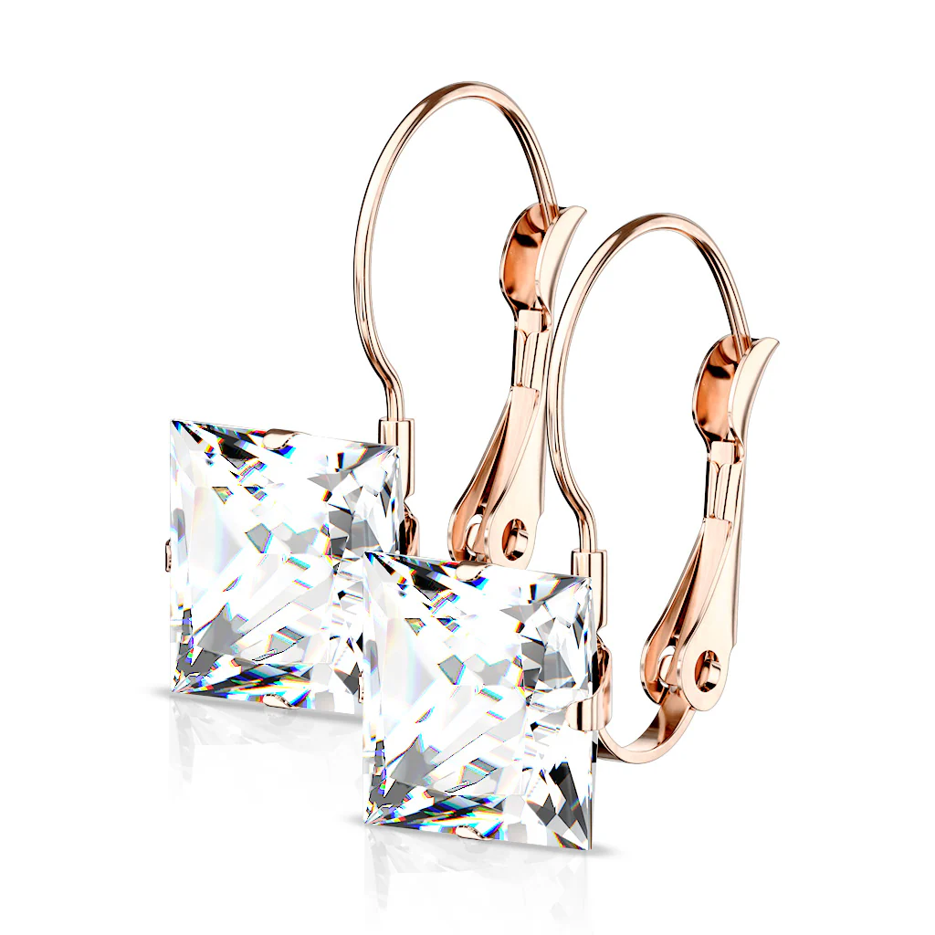 8mm Princess CZ Stainless Steel Leverback Earrings - Image 7