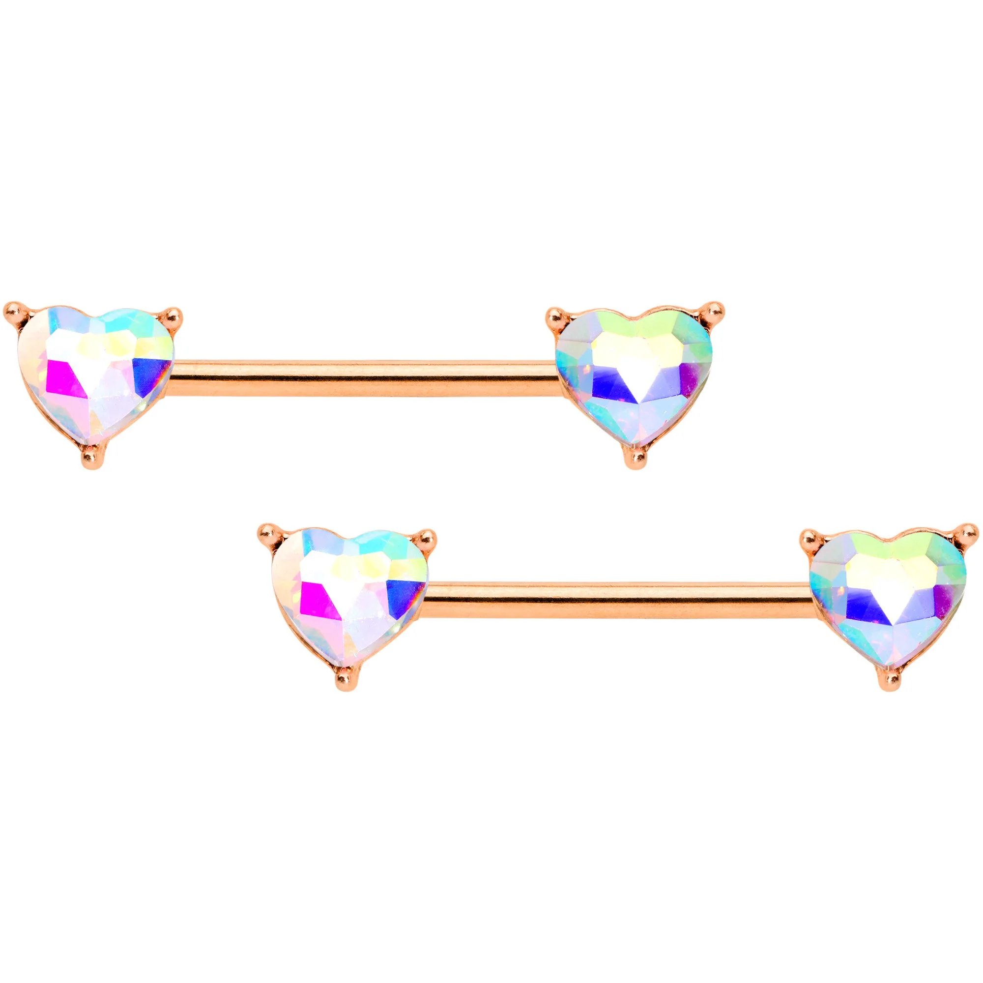 14G Aurora Gem Rose Gold Tone Heart BCR Barbell Nipple Ring Set - Image 2