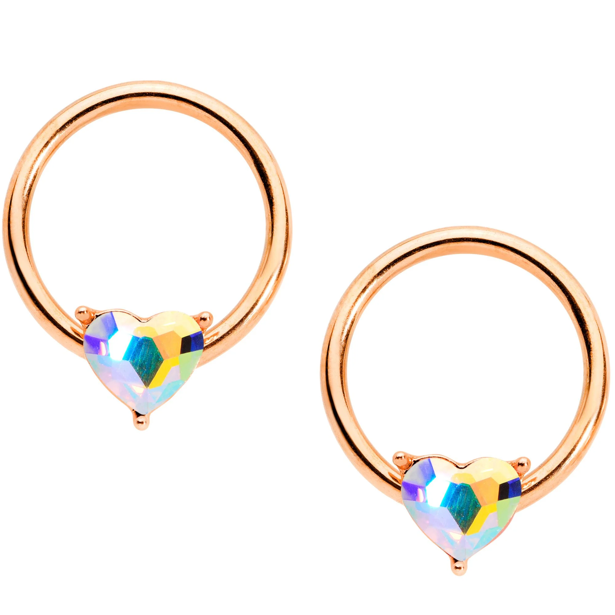 14G Aurora Gem Rose Gold Tone Heart BCR Barbell Nipple Ring Set - Image 3