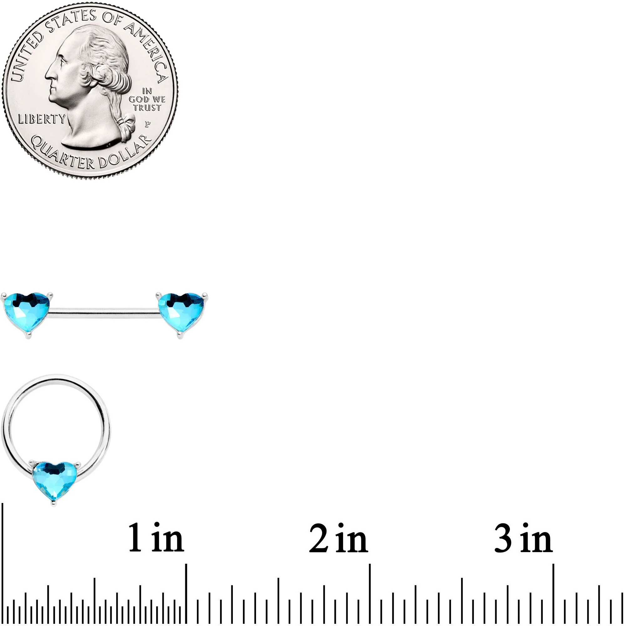 9/16 1/2 Aqua Heart Gem BCR Barbell Nipple Ring Set - Image 4