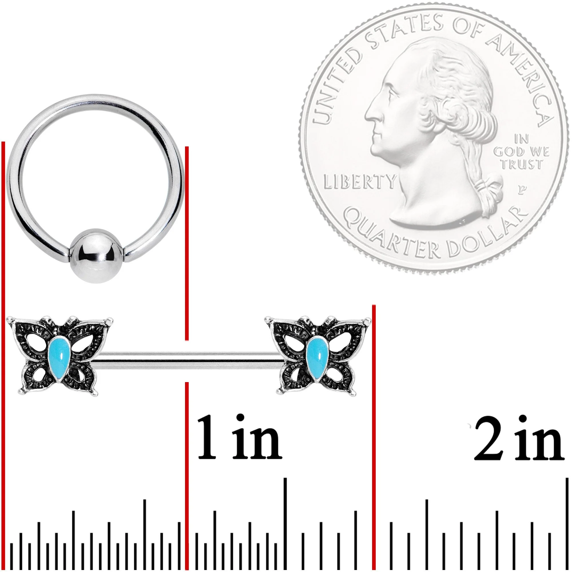 14G Faux Turquoise Butterfly BCR Barbell Nipple Ring Set of 4 - Image 4