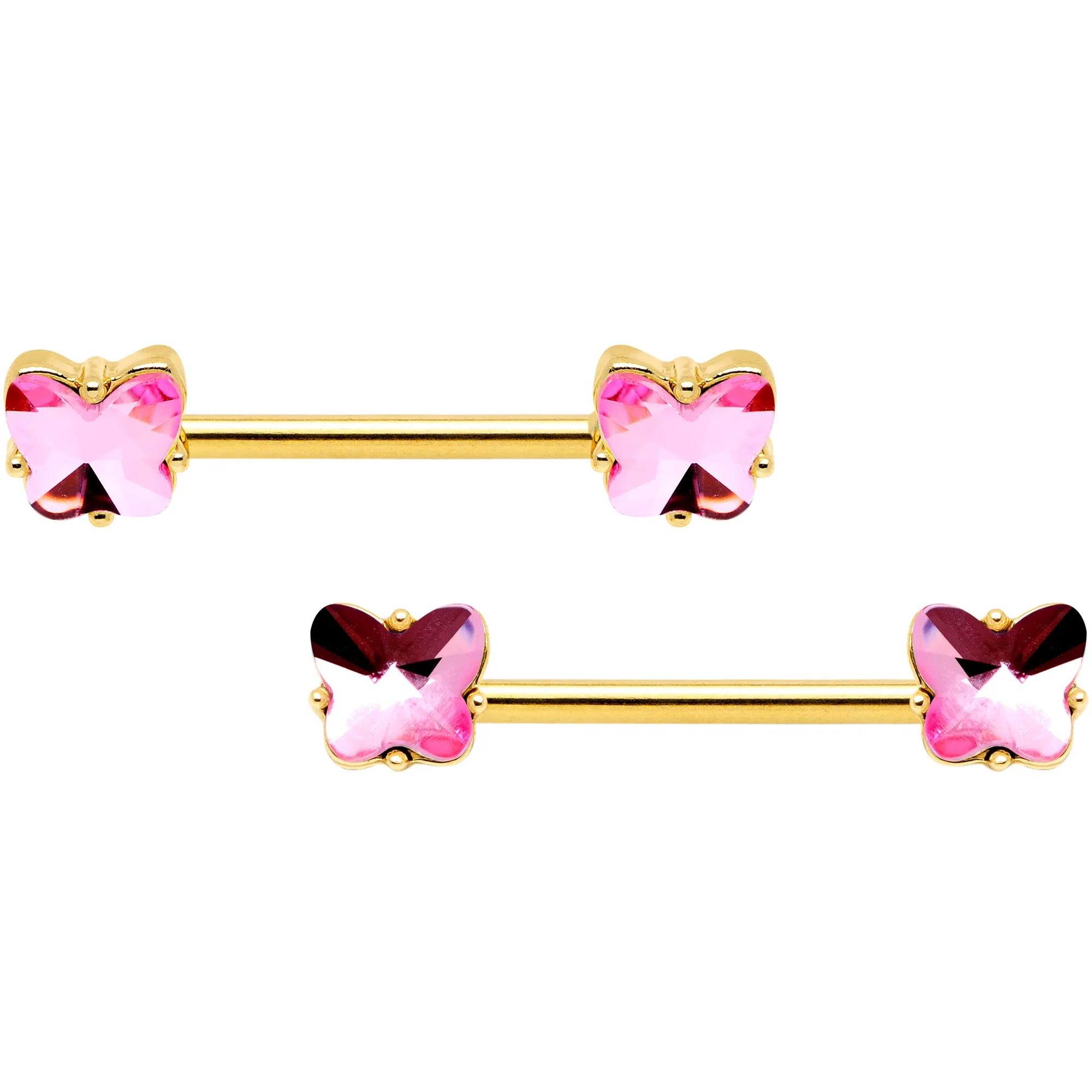 14G Pink Gem Butterfly Gold Tone BCR Barbell Nipple Ring Set - Image 2