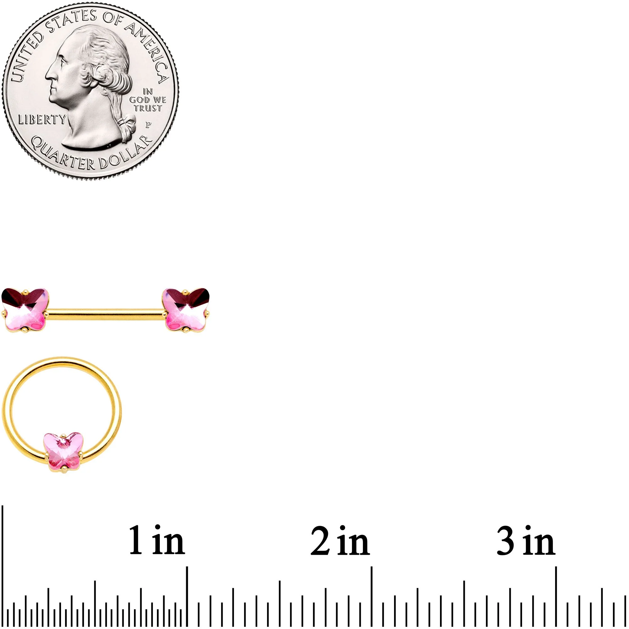 14G Pink Gem Butterfly Gold Tone BCR Barbell Nipple Ring Set - Image 3