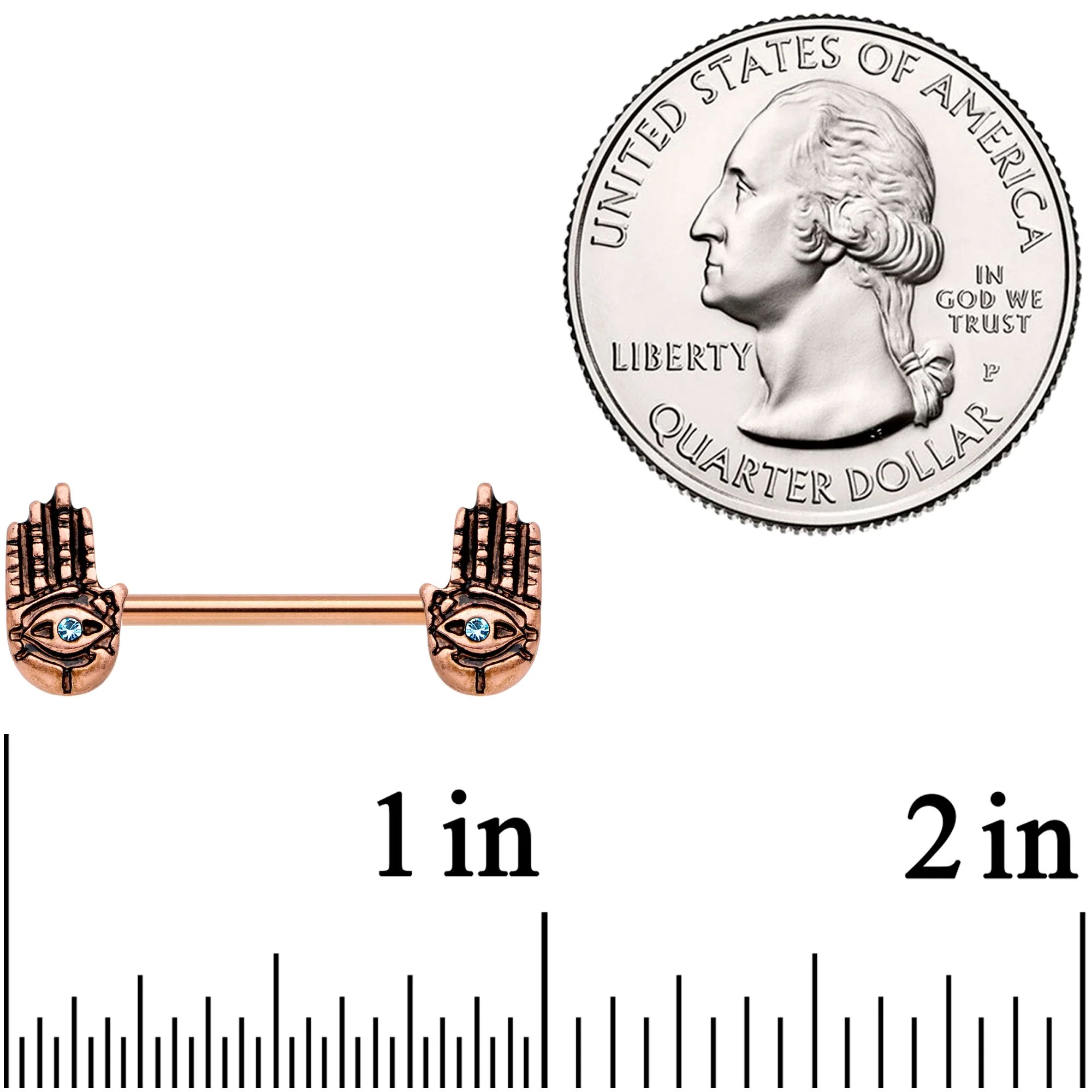 9/16 Aqua Gem Rose Gold Tone Hamsa Hand Barbell Nipple Ring Set - Image 2