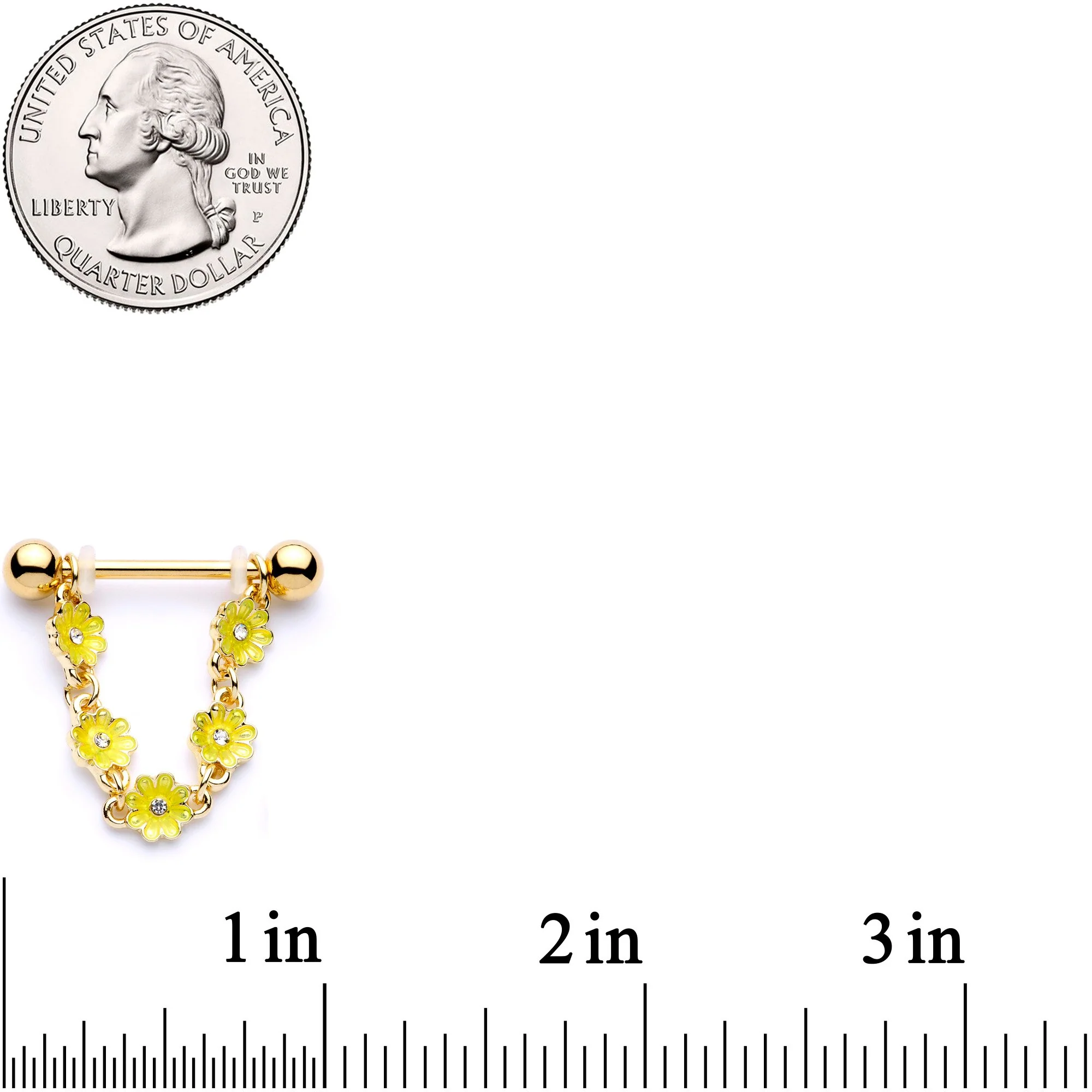 9/16 Clear Gem Gold Tone Yellow Glow Flower Nipple Ring Set - Image 2