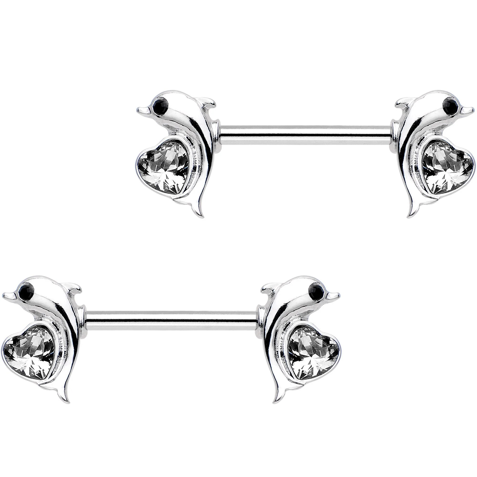 9/16 Clear Gem I Heart Dolphins Barbell Nipple Ring Set