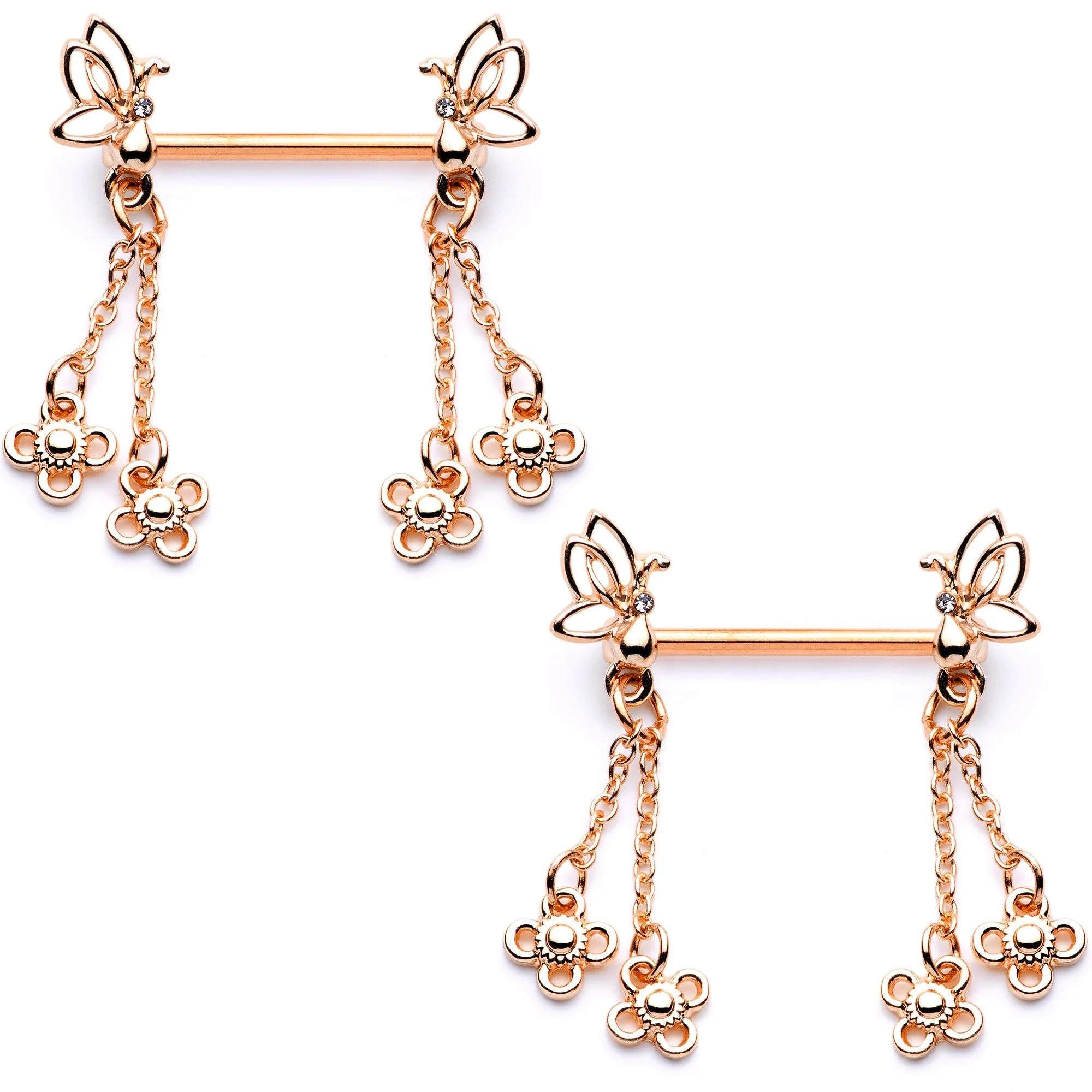9/16 Clear Gem Rose Gold Tone Butterfly Dangle Barbell Nipple Ring Set