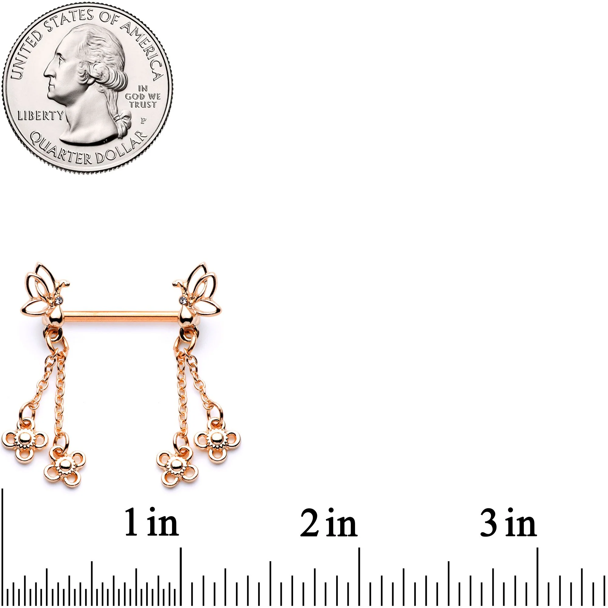 9/16 Clear Gem Rose Gold Tone Butterfly Dangle Barbell Nipple Ring Set - Image 2