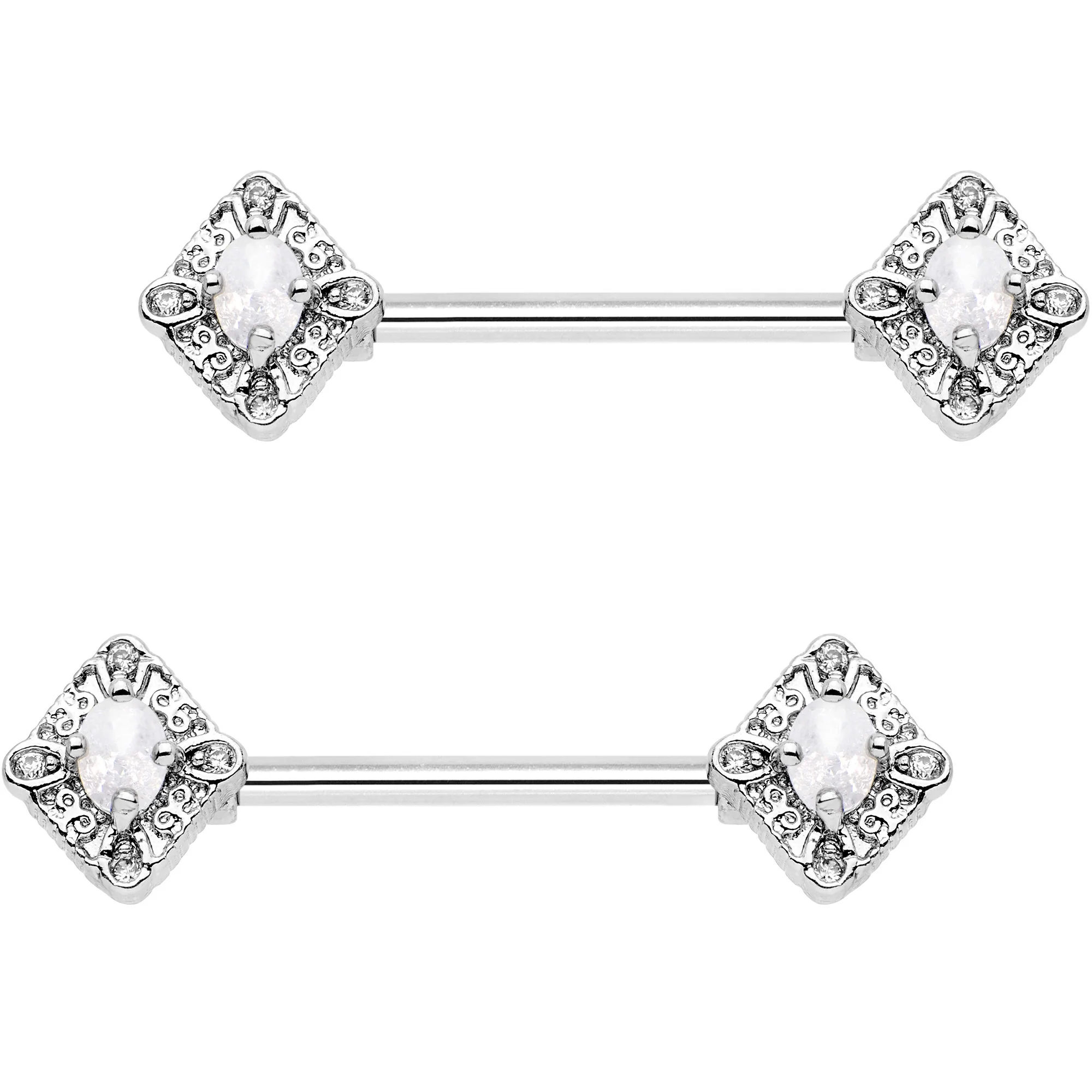 9/16 Clear White Gem Rococo Rhombus Barbell Nipple Ring Set