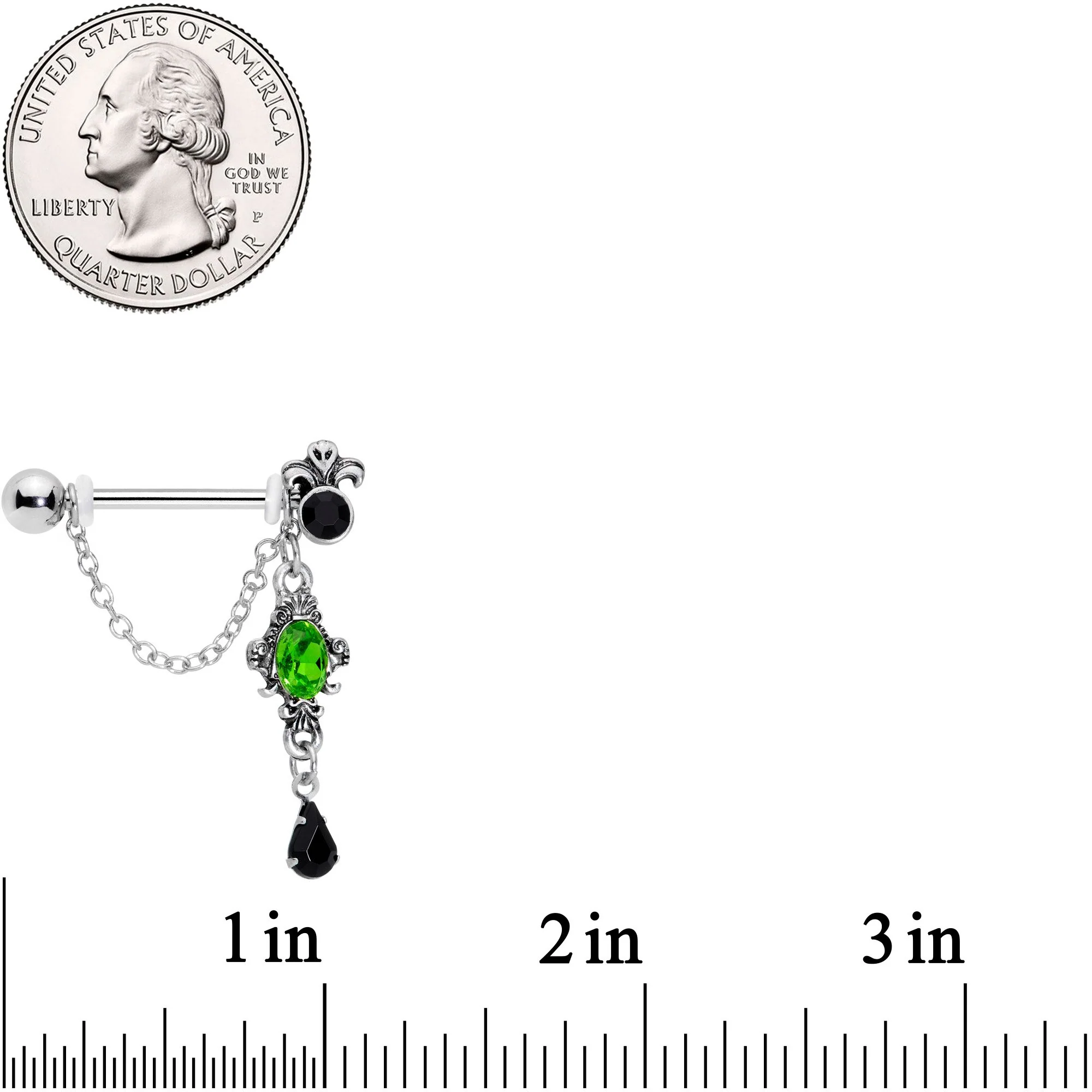 9/16 Green Black Gem Evil Queen Dangle Barbell Nipple Ring Set - Image 2