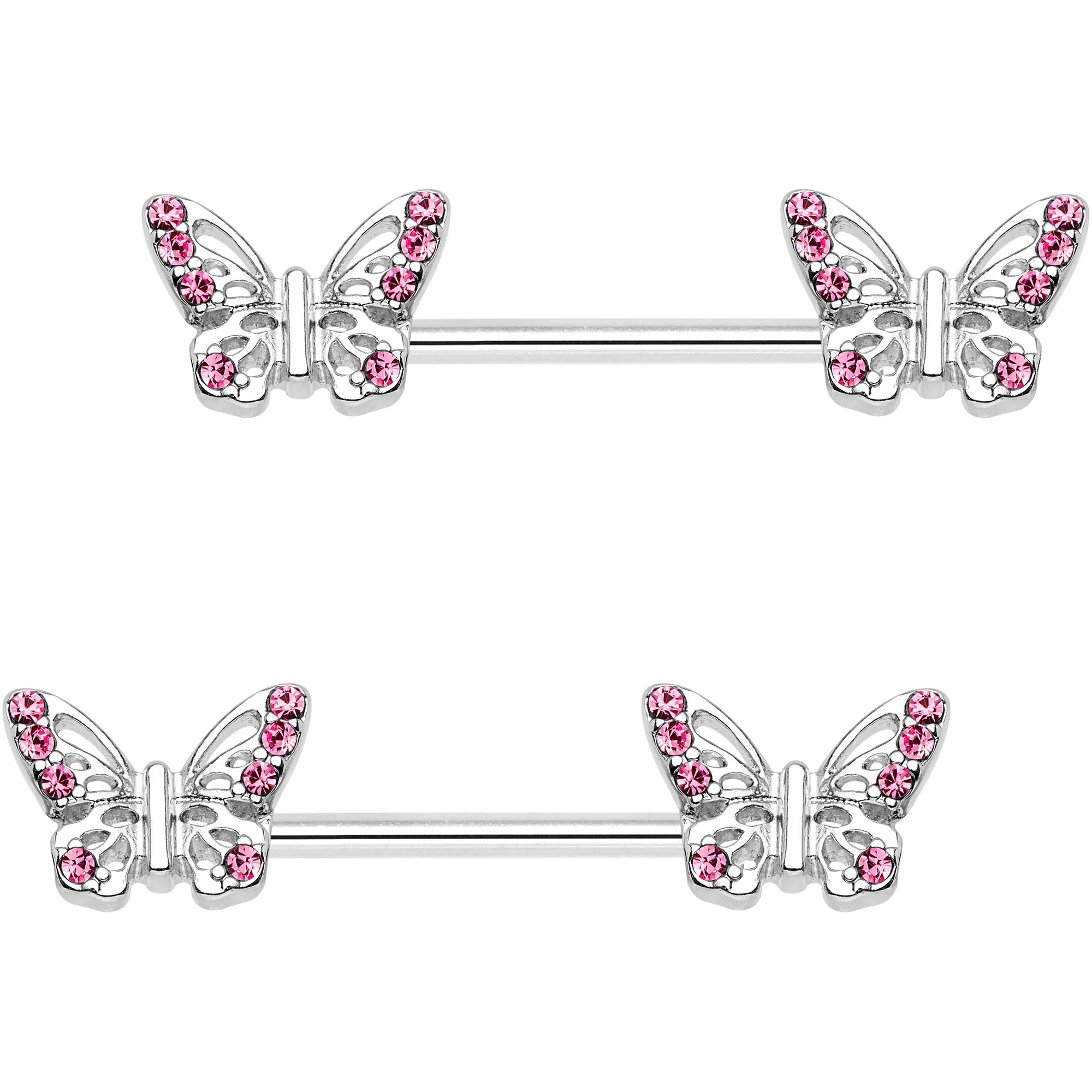 9/16 Pink CZ Gem Fluttering Butterfly Barbell Nipple Ring Set