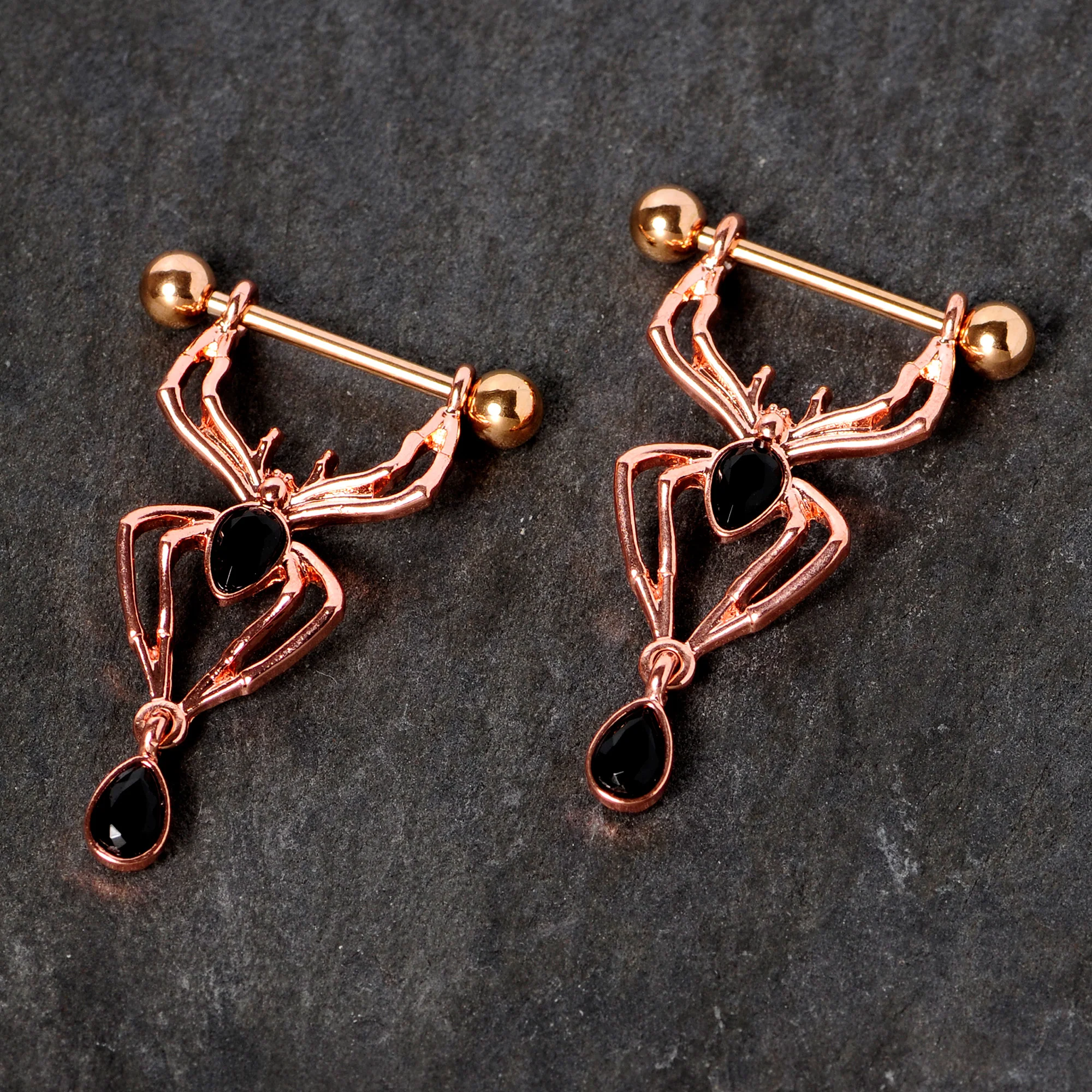 9/16 Rose Gold Tone Black Gem Spider Halloween Dangle Nipple Ring Set - Image 2